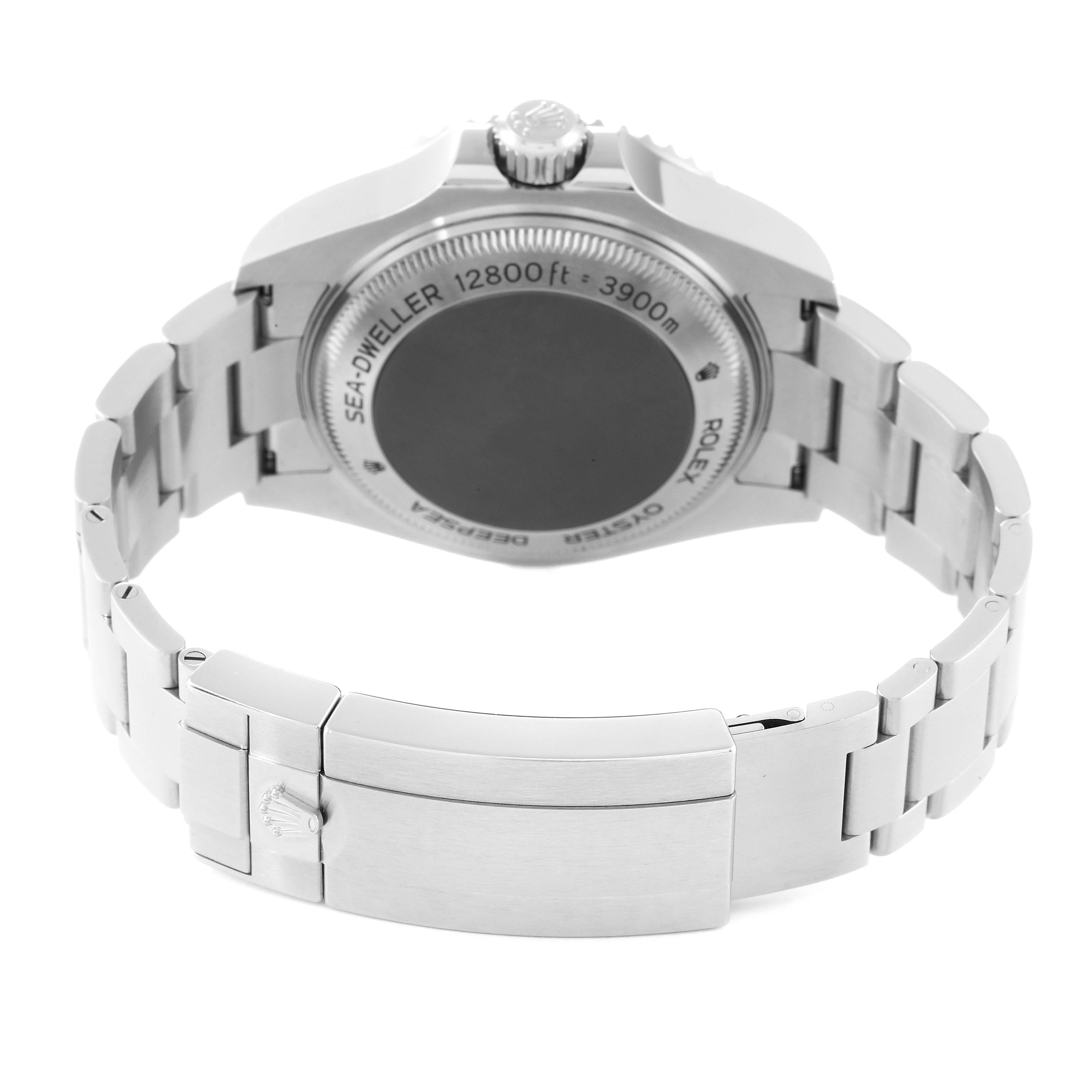 The image shows the back view of a Rolex Sea-Dweller 126660 Men's Stainless Steel Blue Dial 126660 Men's Stainless Steel Blue Dial watch, highlighting the case back and bracelet clasp.