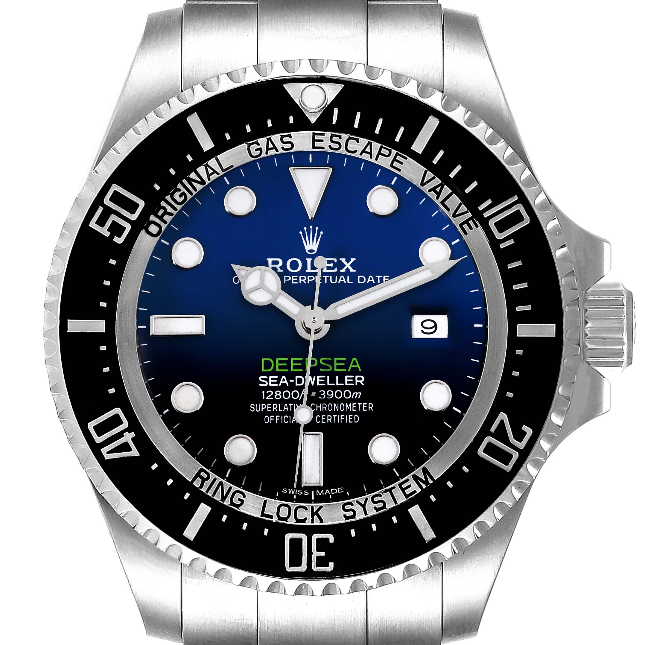 The image shows a close-up of the Rolex Sea-Dweller 126660 Men's Stainless Steel Blue Dial 126660 Men's Stainless Steel Blue Dial watch face, including the bezel, dial, hands, and markers.