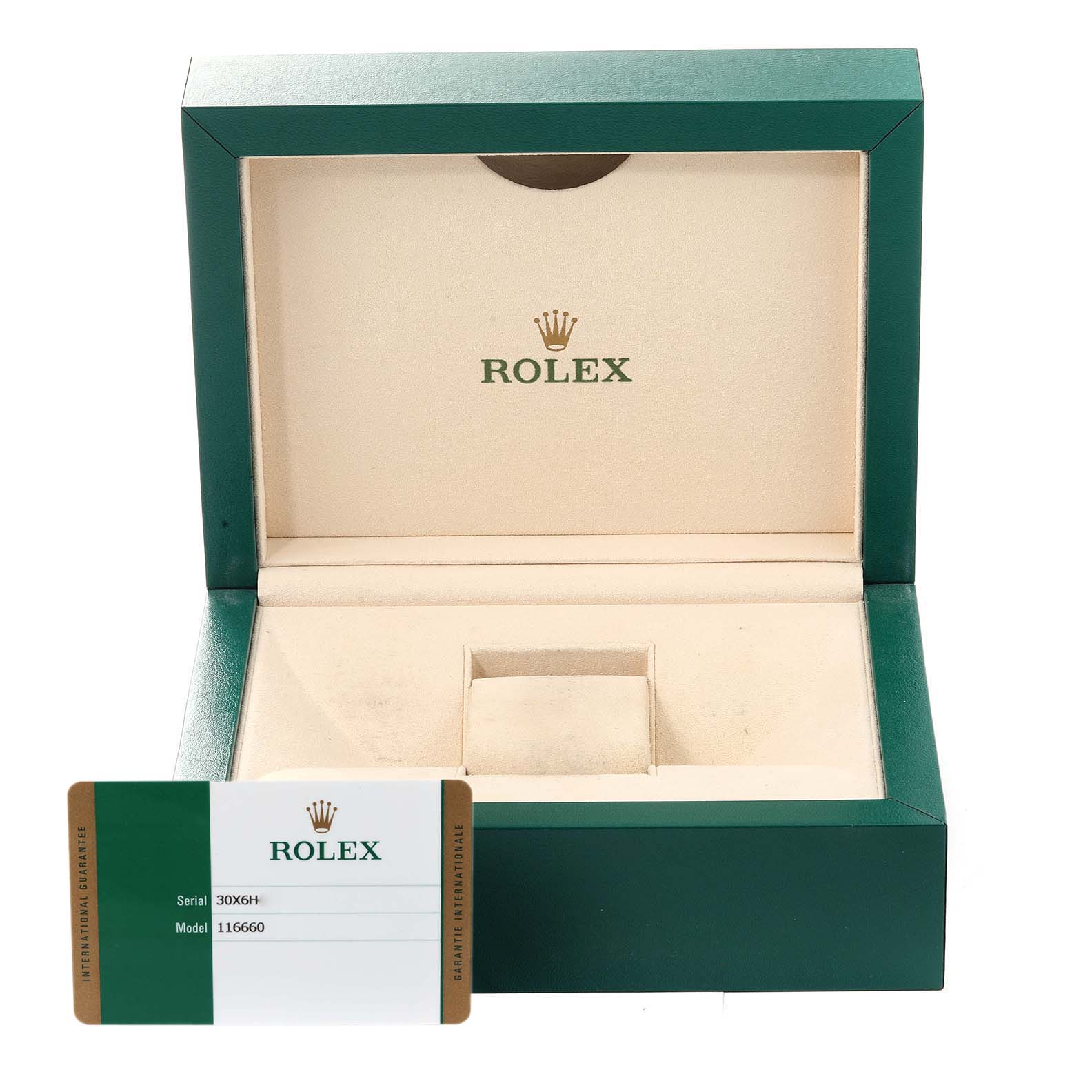 The image shows an open watch box and warranty card of the Rolex Sea-Dweller 116660 Men's Stainless Steel Blue Dial 116660 Men's Stainless Steel Blue Dial model.