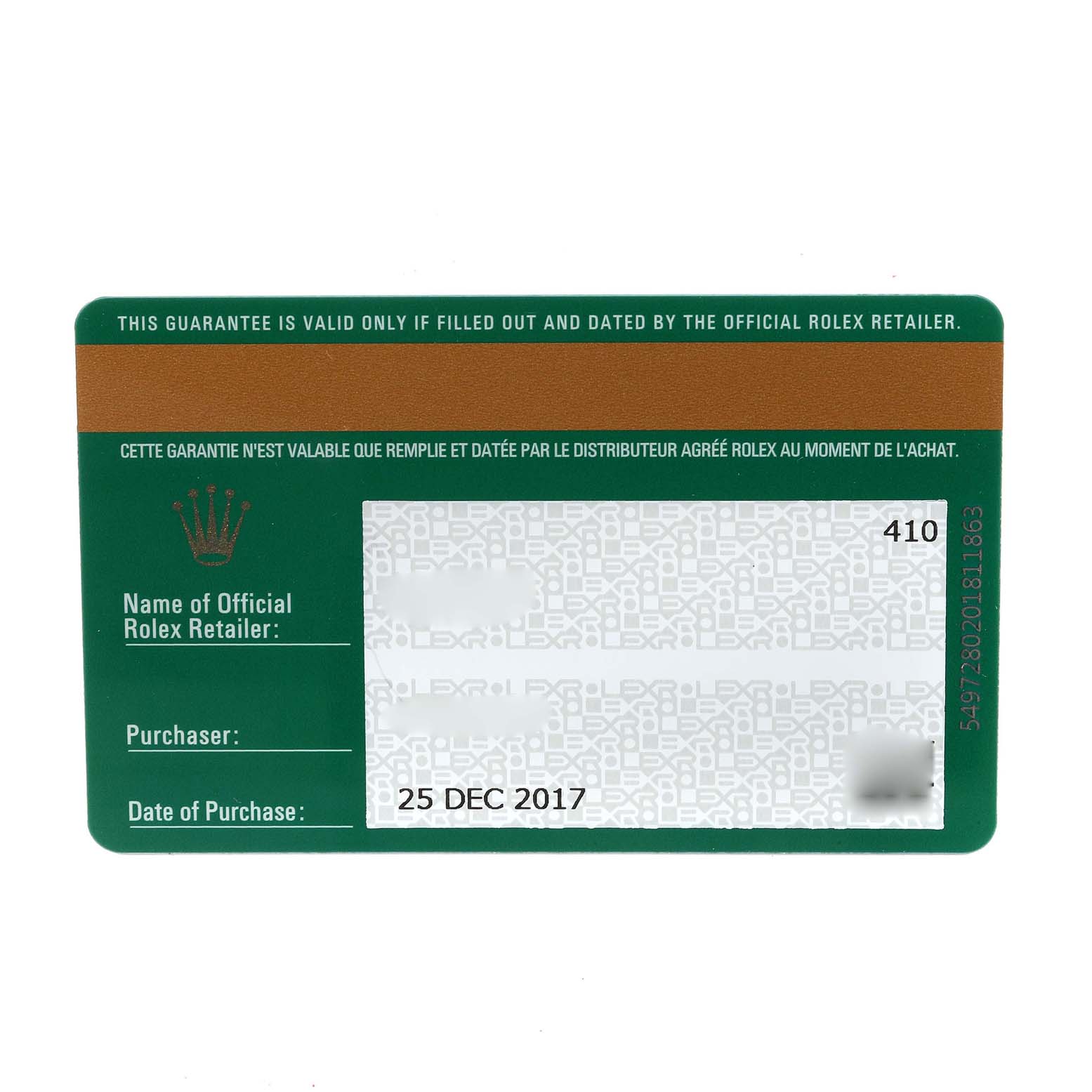 The image shows the warranty card for a Rolex Sea-Dweller 116660 Men's Stainless Steel Blue Dial 116660 Men's Stainless Steel Blue Dial watch.