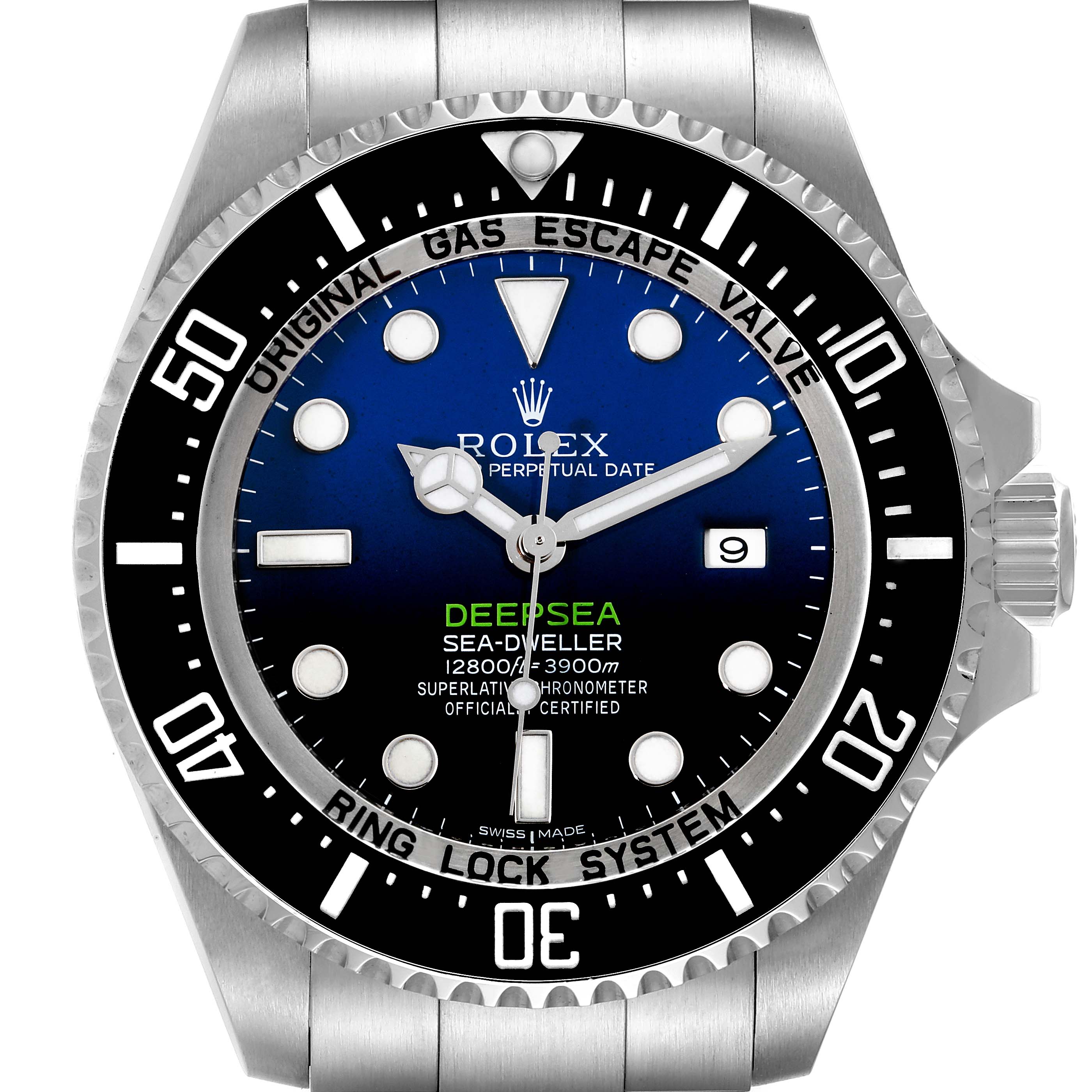This image shows a front view of the Rolex Sea-Dweller 116660 Men's Stainless Steel Blue Dial 116660 Men's Stainless Steel Blue Dial Deepsea watch, highlighting the dial, bezel, and crown.