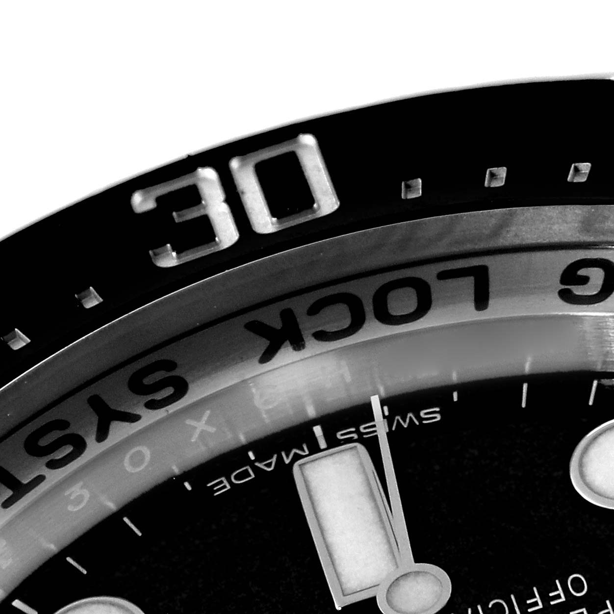 This close-up angle shows the bezel, part of the dial, and markers of the Rolex Sea-Dweller 116660 Men's Stainless Steel Blue Dial 116660 Men's Stainless Steel Blue Dial watch.