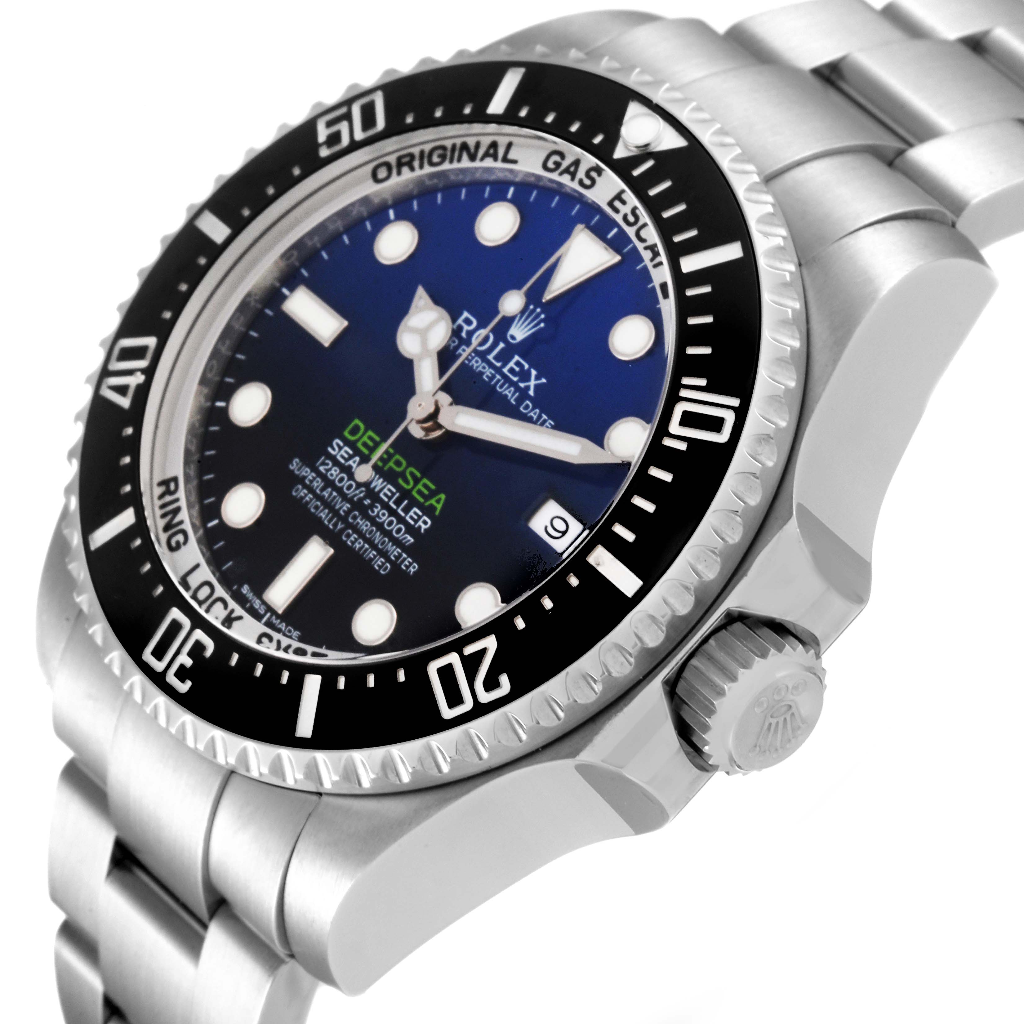 The image shows an angled view of the Rolex Sea-Dweller 116660 Men's Stainless Steel Blue Dial 116660 Men's Stainless Steel Blue Dial watch, highlighting its face, bezel, and partial bracelet.