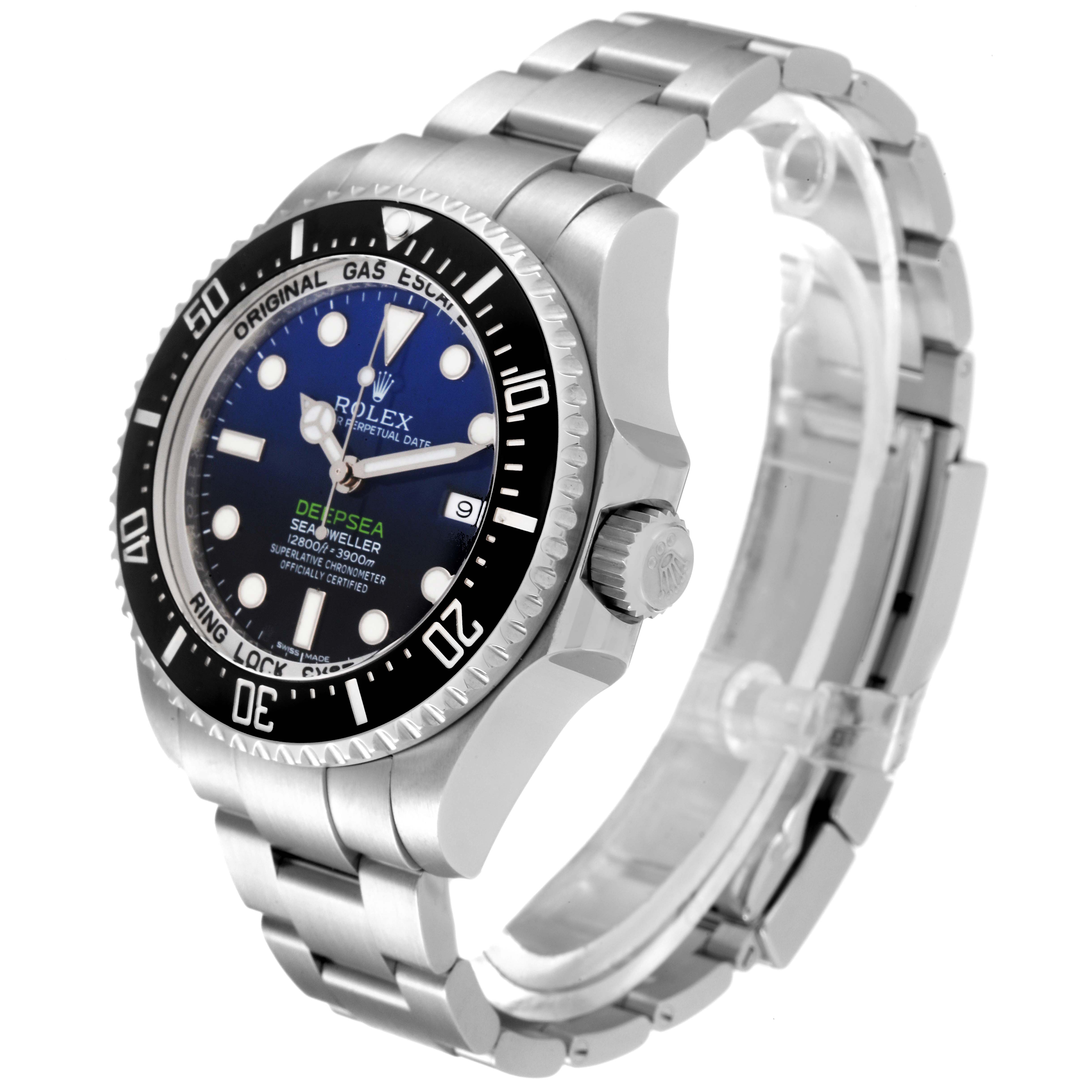 The Rolex Sea-Dweller 116660 Men's Stainless Steel Blue Dial 116660 Men's Stainless Steel Blue Dial watch is shown at an angle highlighting the face, bezel, crown, and stainless steel bracelet.