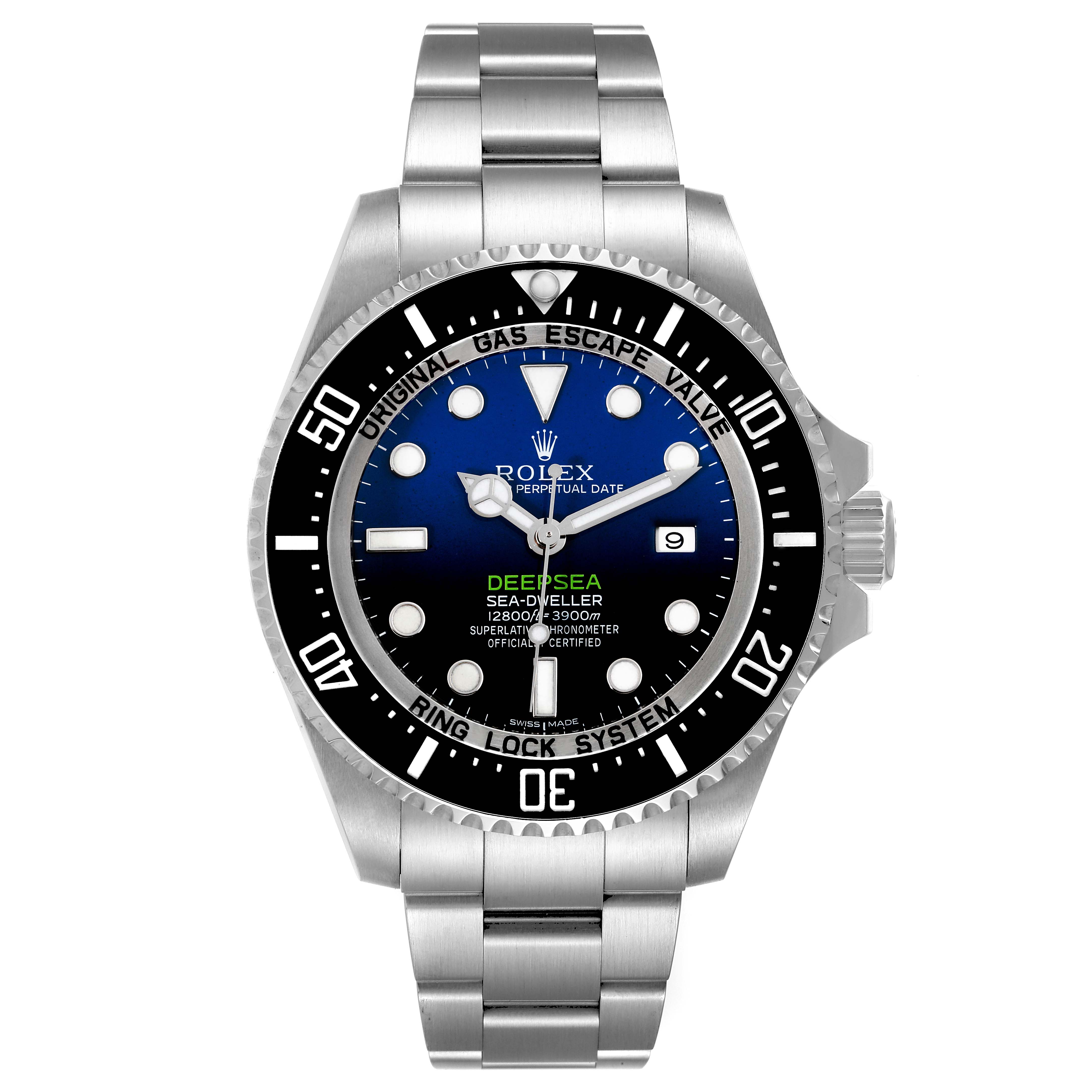 This is a front-facing view of the Rolex Sea-Dweller 116660 Men's Stainless Steel Blue Dial 116660 Men's Stainless Steel Blue Dial watch, showcasing its dial, bezel, and bracelet.