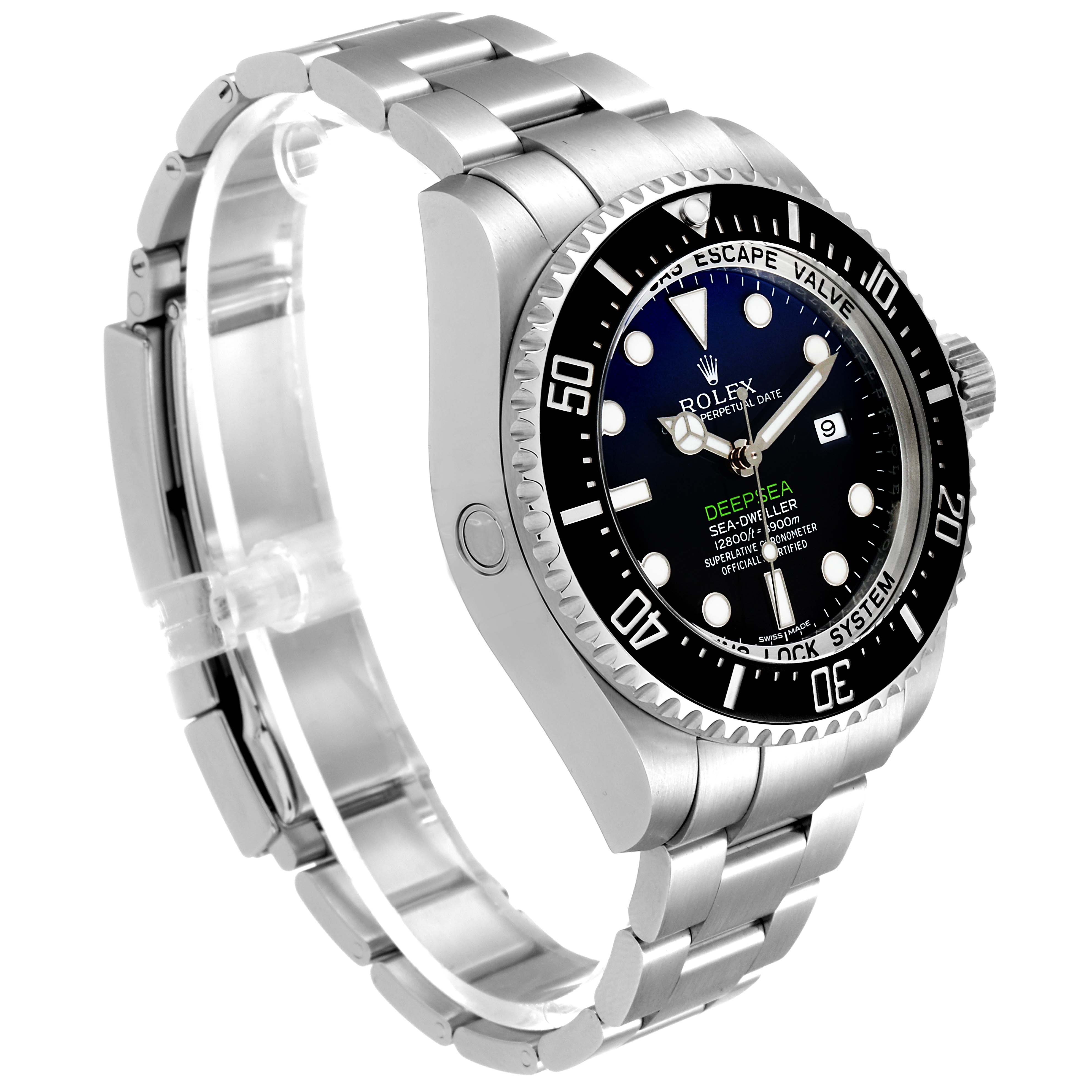 The image shows a side angle of a Rolex Sea-Dweller 116660 Men's Stainless Steel Blue Dial 116660 Men's Stainless Steel Blue Dial watch, highlighting the dial, bezel, bracelet, and crown.