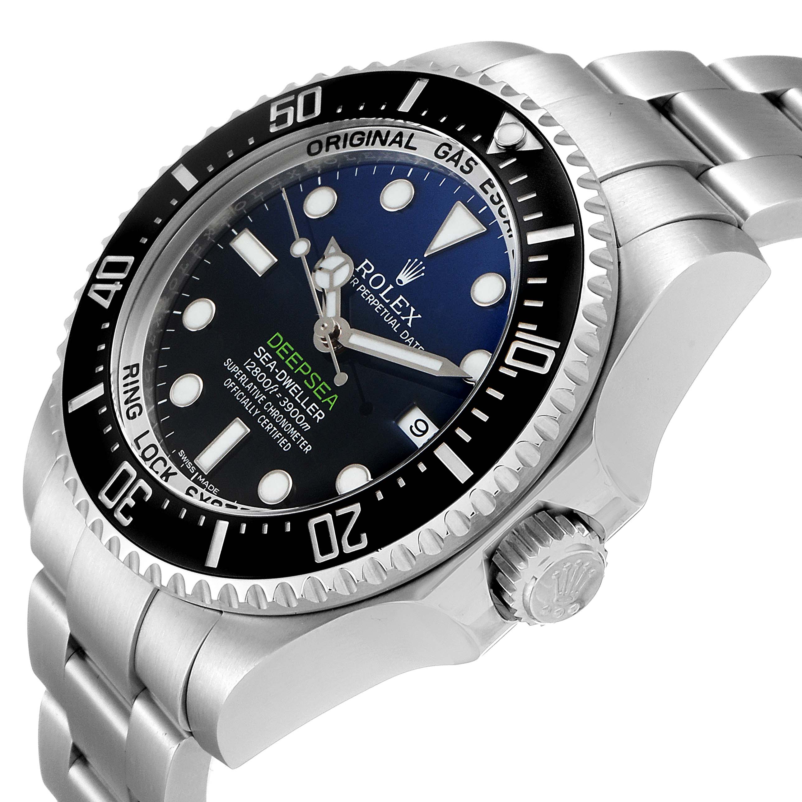 This image shows a close-up angled view of the Rolex Sea-Dweller 116660 Men's Stainless Steel Blue Dial 116660 Men's Stainless Steel Blue Dial watch, highlighting the face, bezel, crown, and part of the bracelet.