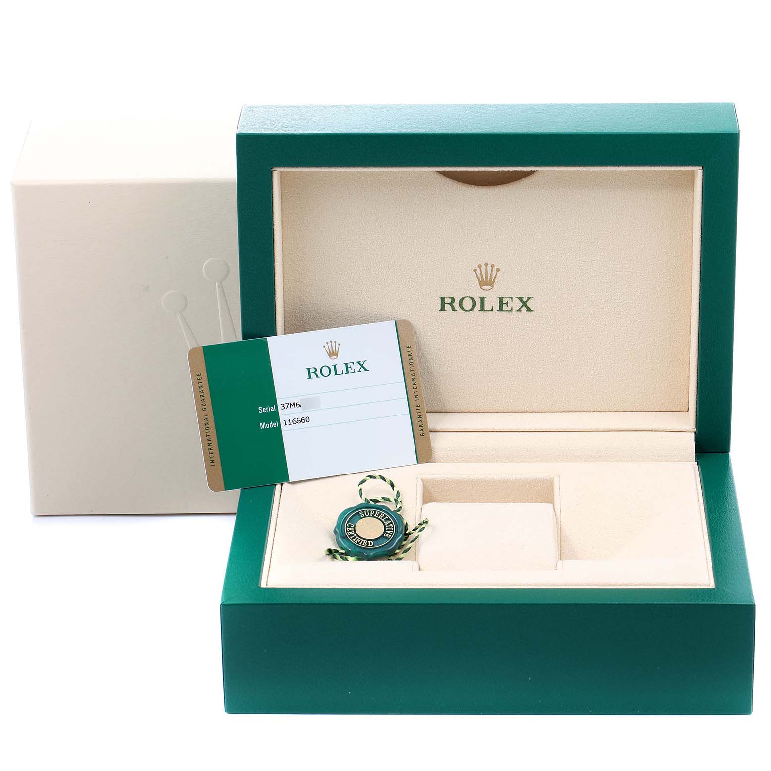 The image shows an open Rolex Sea-Dweller 116660 Men's Stainless Steel Blue Dial 116660 Men's Stainless Steel Blue Dial watch box with a warranty card and a tag inside.