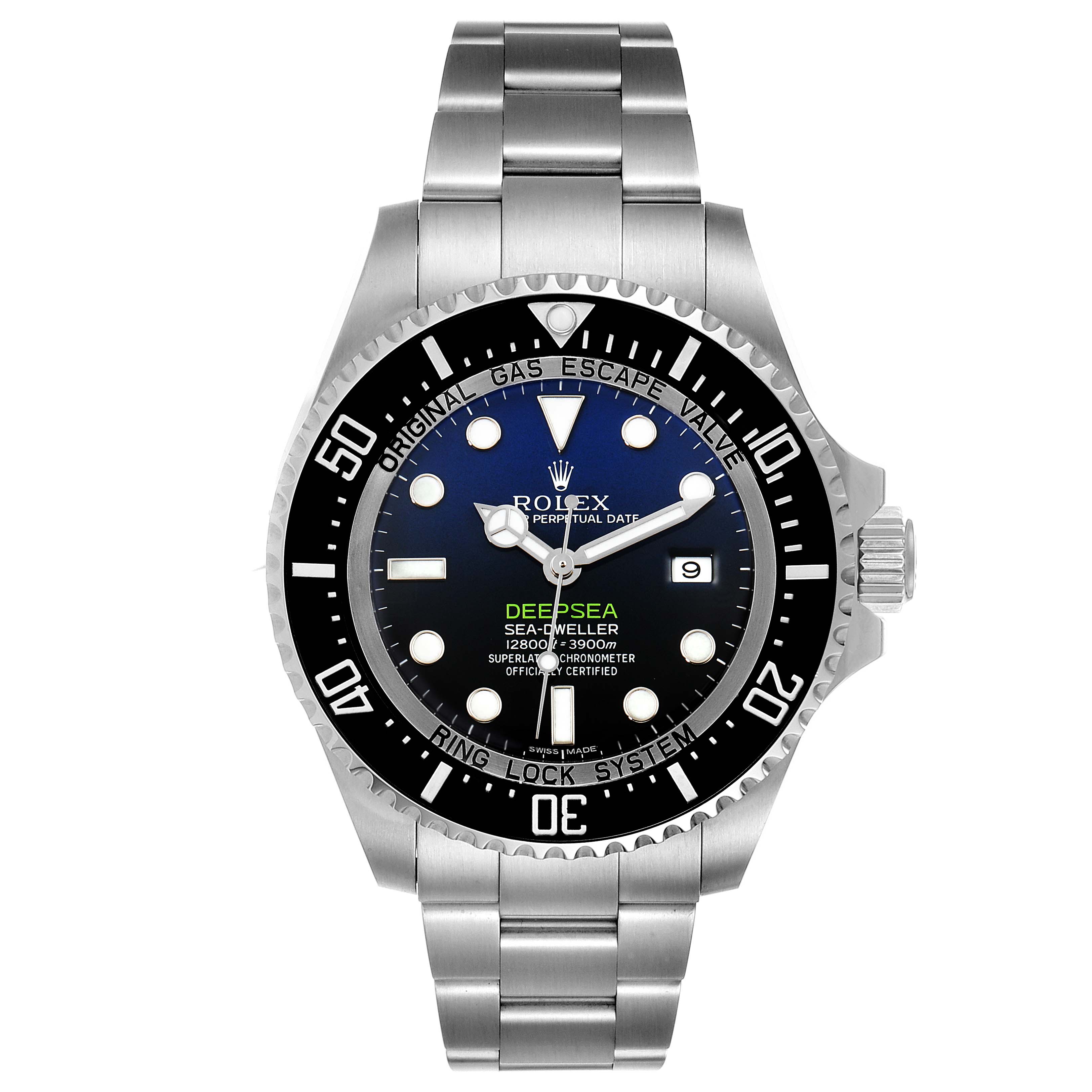 This image shows a front view of the Rolex Sea-Dweller 116660 Men's Stainless Steel Blue Dial 116660 Men's Stainless Steel Blue Dial Deepsea watch, displaying its dial, bezel, bracelet, and crown.