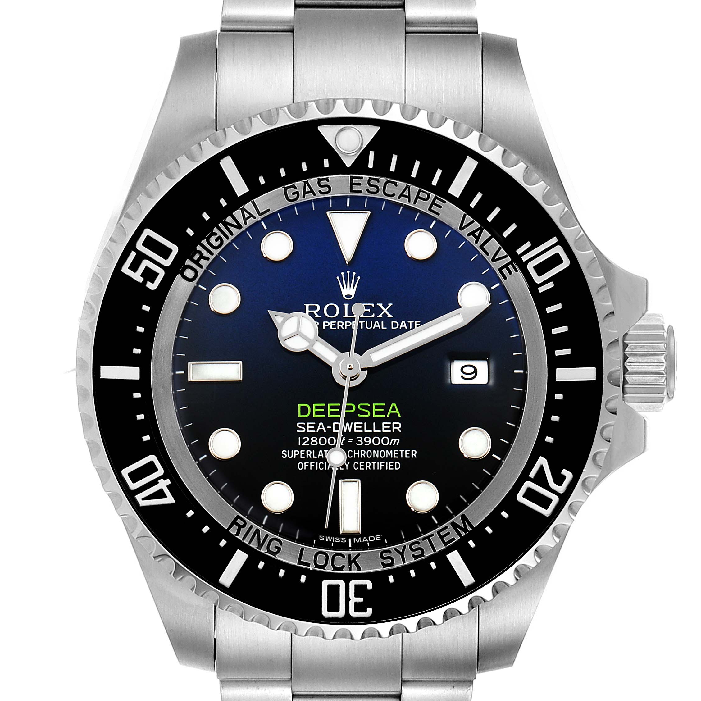 The Rolex Sea-Dweller 116660 Men's Stainless Steel Blue Dial 116660 Men's Stainless Steel Blue Dial watch is shown from a front view, highlighting the dial, bezel, and part of the bracelet.