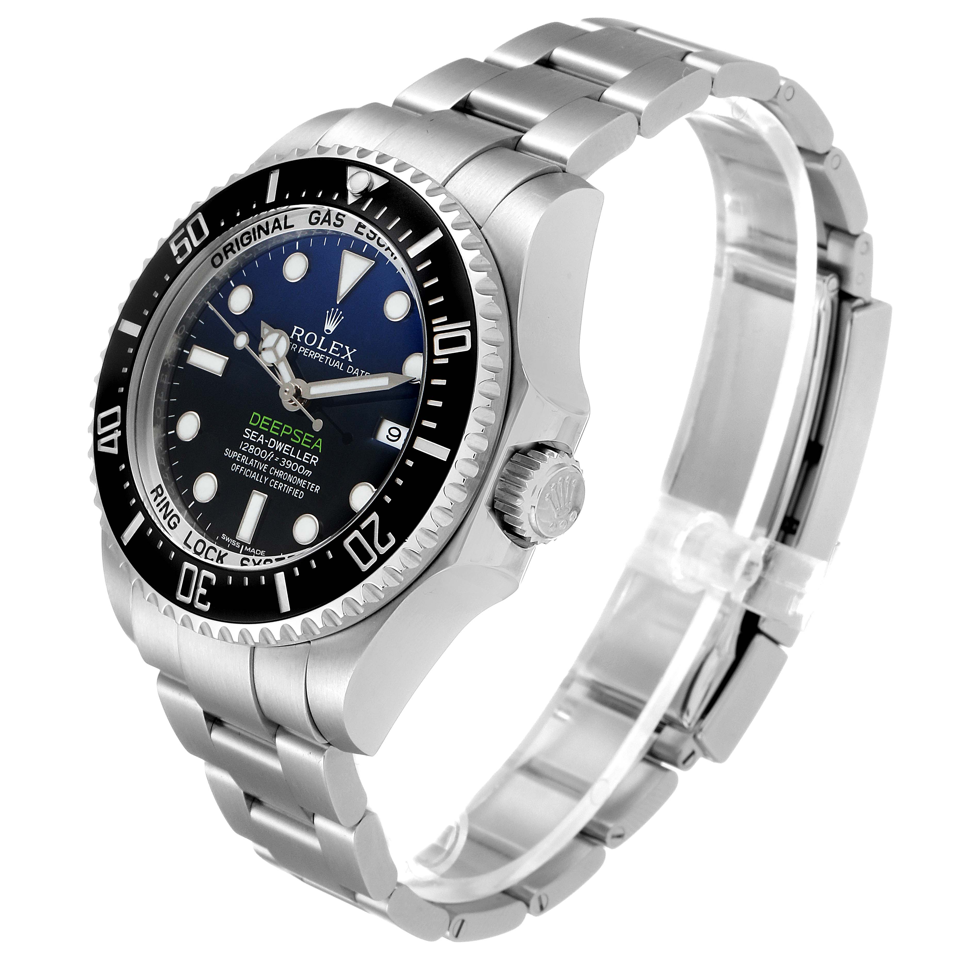 The image shows a side and angled view of the Rolex Sea-Dweller 116660 Men's Stainless Steel Blue Dial 116660 Men's Stainless Steel Blue Dial watch, highlighting its face, bezel, crown, and bracelet.