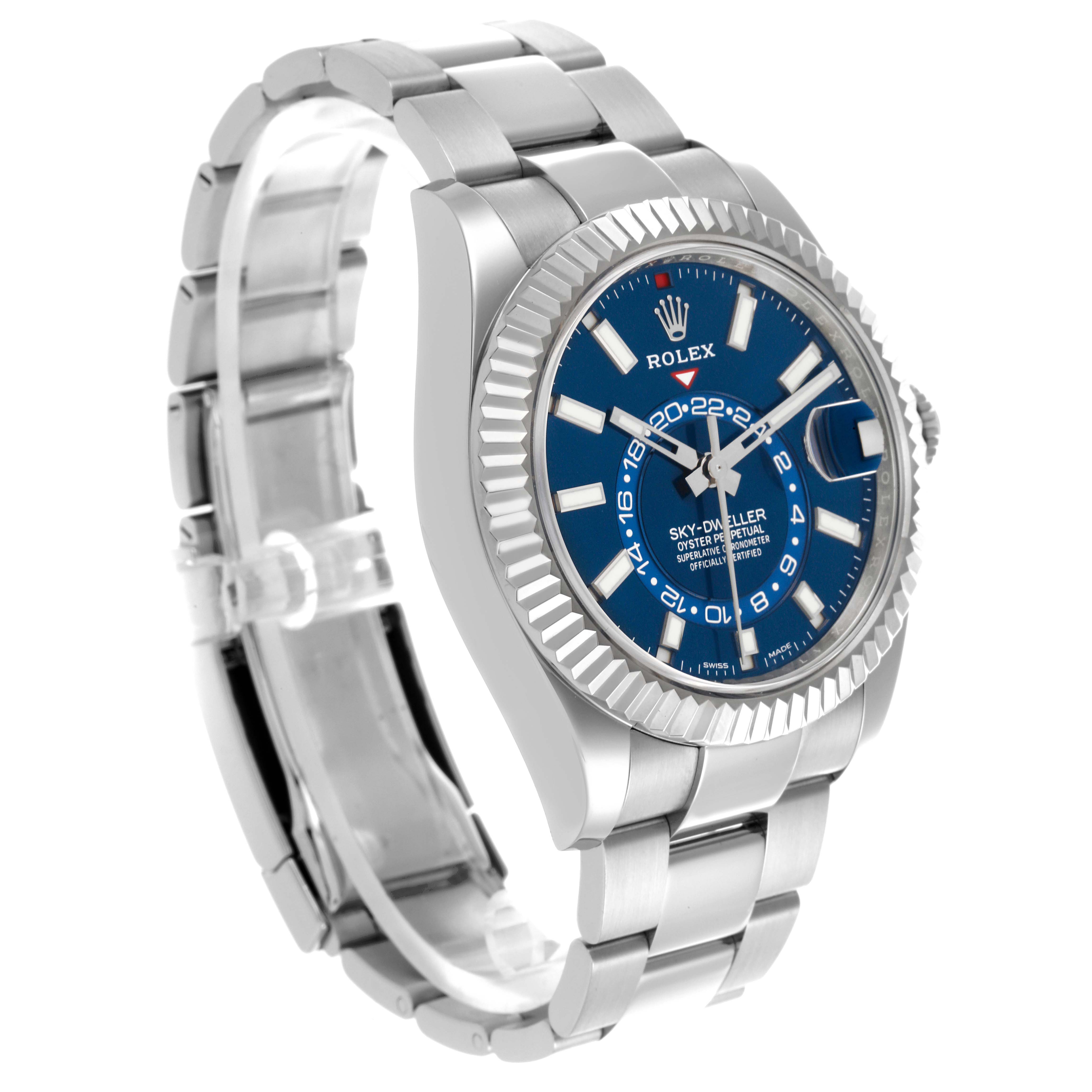 The Rolex Sky-Dweller 326934 Men
s Stainless Steel Blue Dial 326934 Men
s Stainless Steel Blue Dial watch is shown from a 3/4 angle, highlighting its bracelet, bezel, and blue dial.