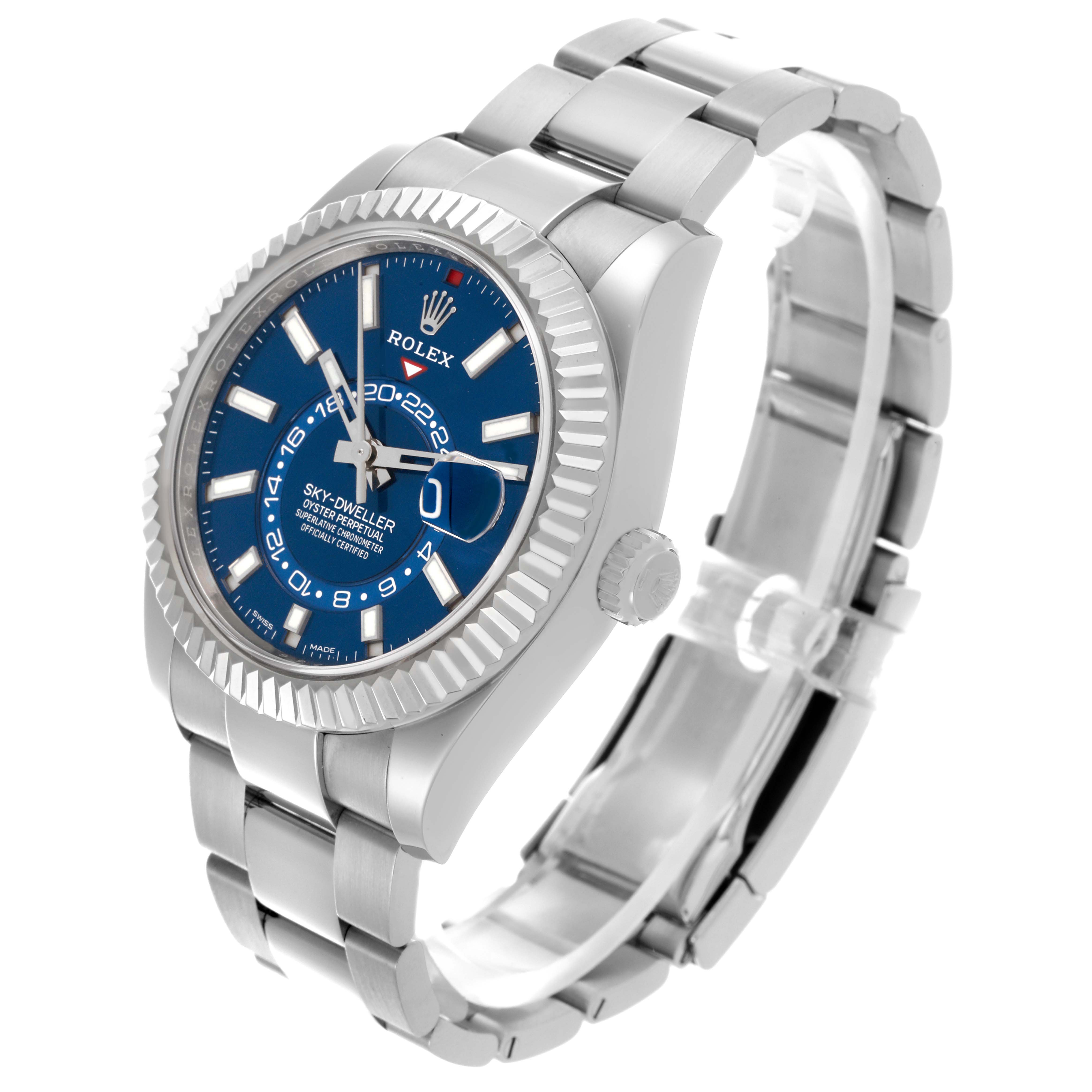 The Rolex Sky-Dweller 326934 Men
s Stainless Steel Blue Dial 326934 Men
s Stainless Steel Blue Dial watch is shown at a three-quarter angle, highlighting the face, bezel, crown, and metal band.