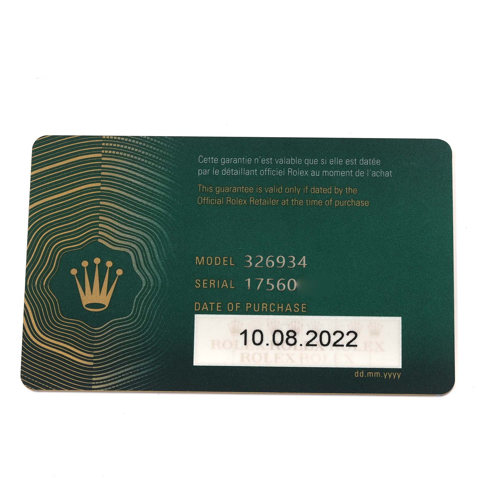 This image shows a guarantee card for the Rolex Sky-Dweller 326934 Men
s Stainless Steel Blue Dial 326934 Men
s Stainless Steel Blue Dial model, including the model number, serial number, and purchase date.