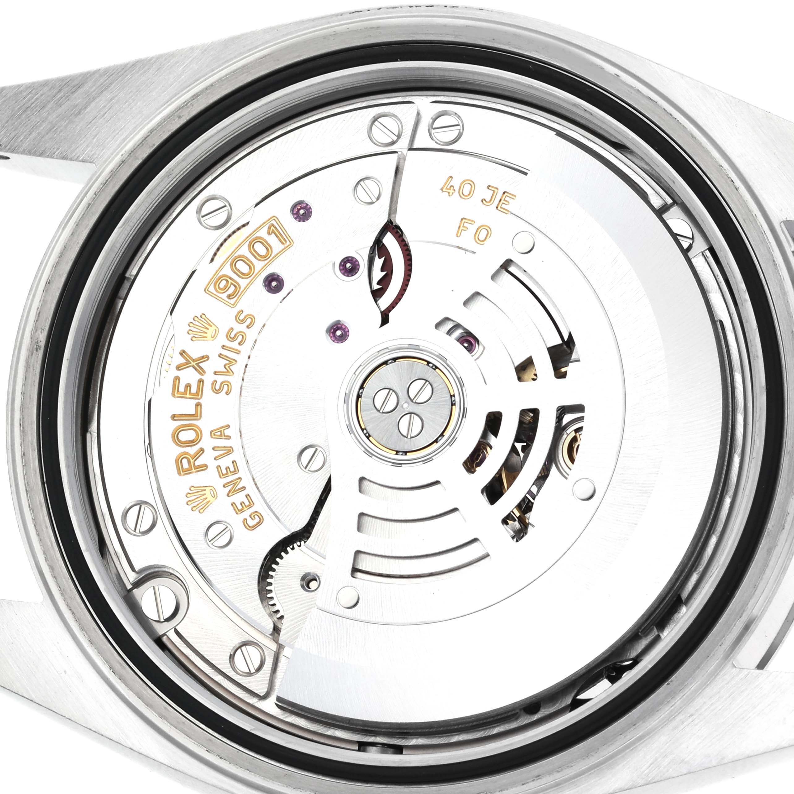 The image shows a top view of the Rolex Sky-Dweller 326934 Men
s Stainless Steel Blue Dial 326934 Men
s Stainless Steel Blue Dial
s movement, highlighting the intricate components and engravings.