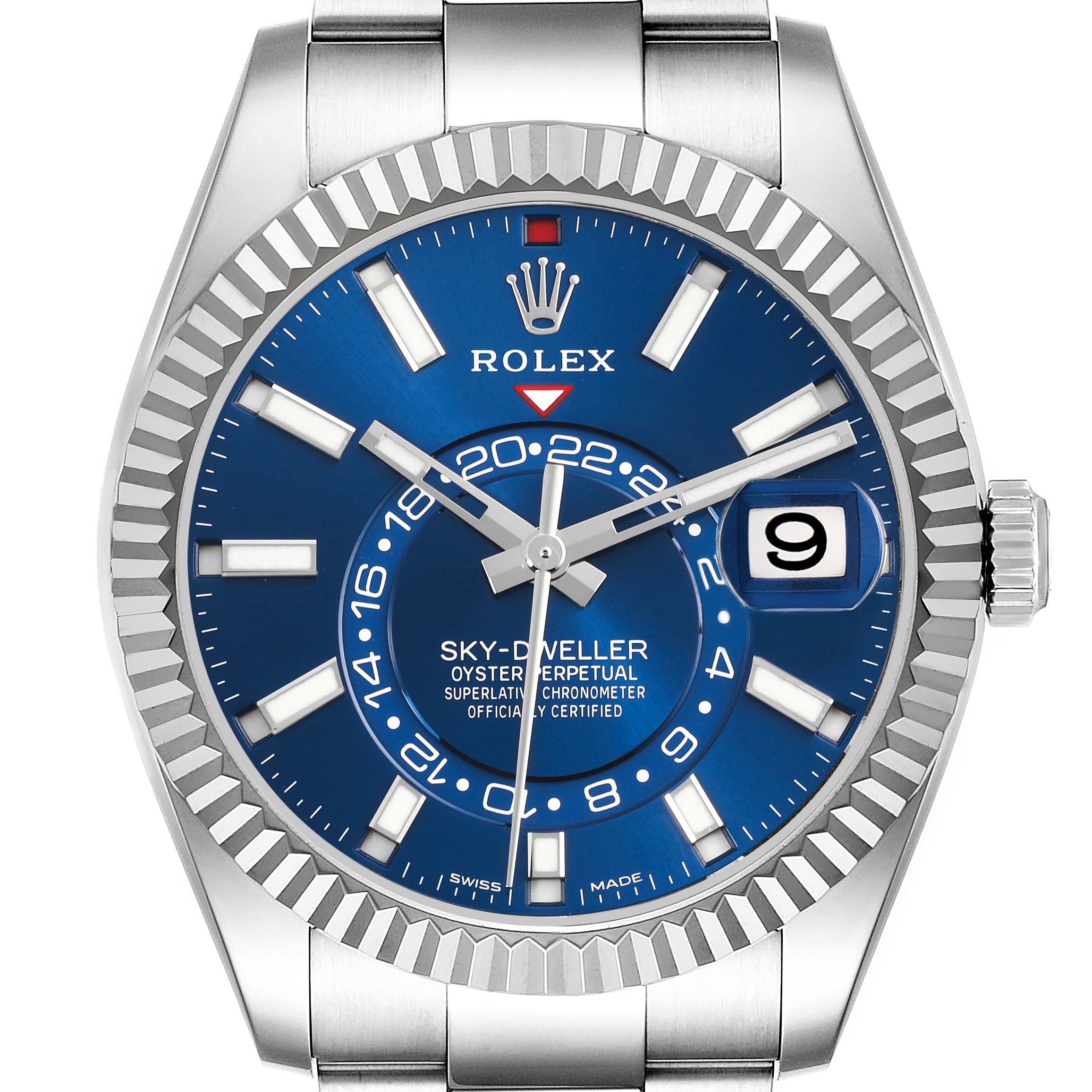 The Rolex Sky-Dweller 326934 Men
s Stainless Steel Blue Dial 326934 Men
s Stainless Steel Blue Dial watch is shown from a front angle, highlighting its blue dial, bezel, and date window.