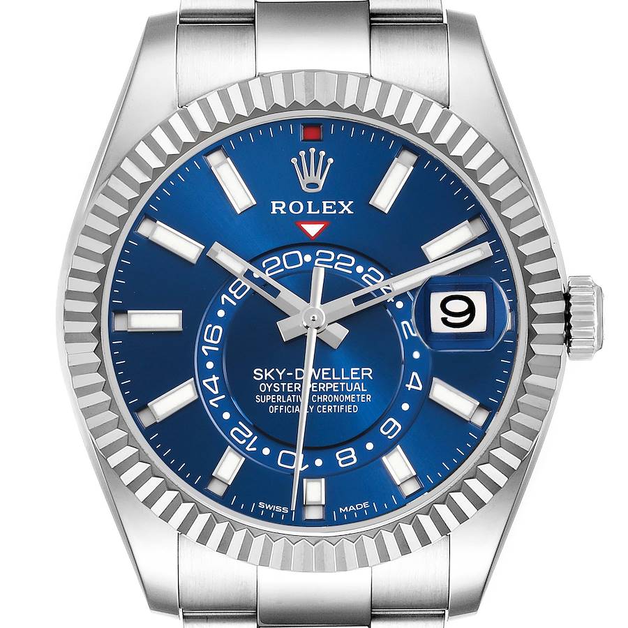 The Rolex Sky-Dweller watch is shown from a front angle, highlighting its blue dial, bezel, and date window.