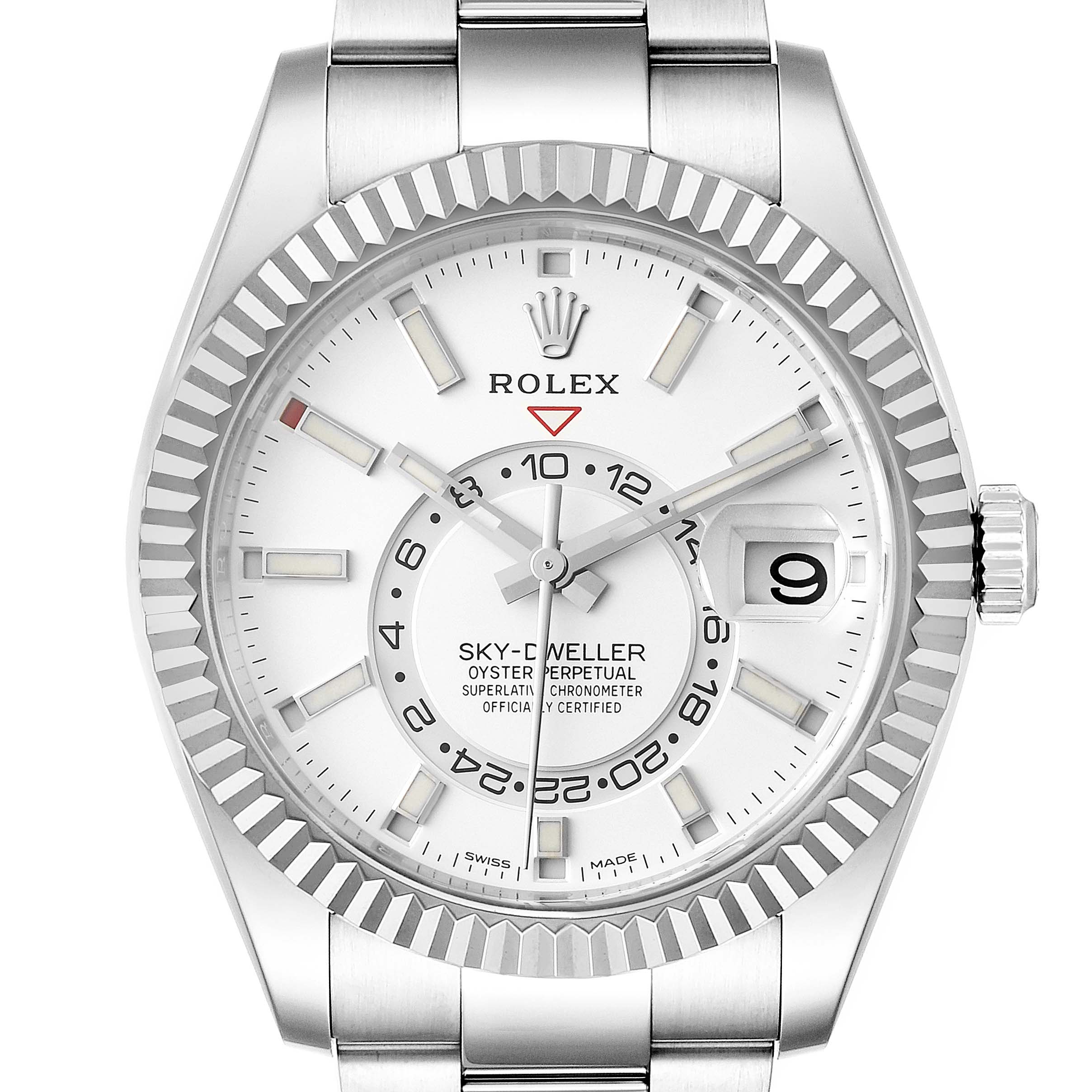 This image shows a close-up, front view of a Rolex Sky-Dweller 326934 Men's Stainless Steel White Dial 326934 Men's Stainless Steel White Dial watch with a white face, fluted bezel, and metal bracelet.