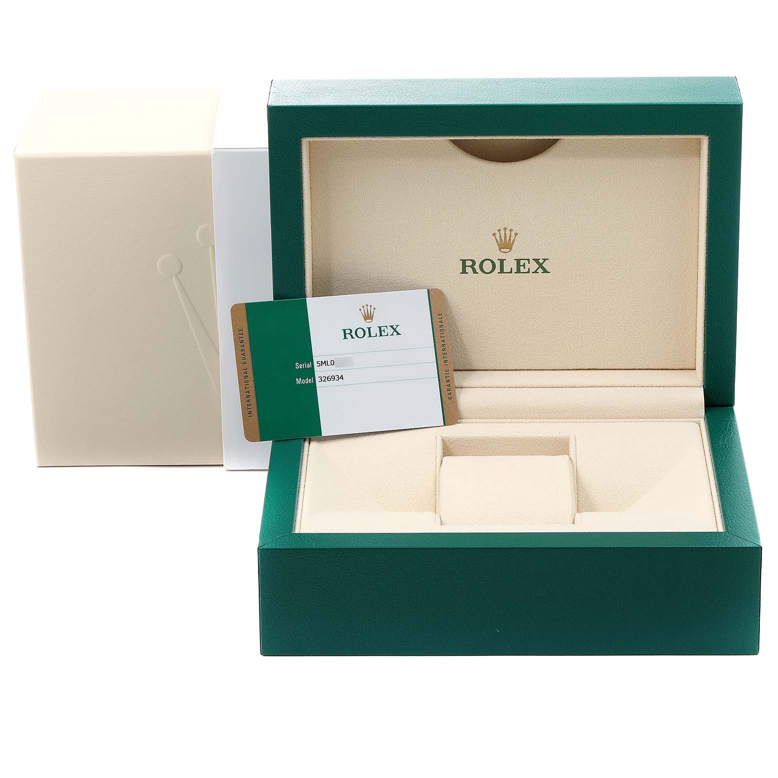 This image shows an open Rolex Sky-Dweller 326934 Men's Stainless Steel White Dial 326934 Men's Stainless Steel White Dial watch box with the model certification card placed inside.