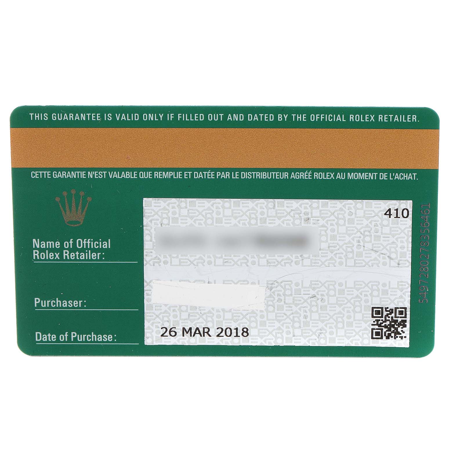 This image shows a warranty card for the Rolex Sky-Dweller 326934 Men's Stainless Steel White Dial 326934 Men's Stainless Steel White Dial, including purchase details and retailer information.