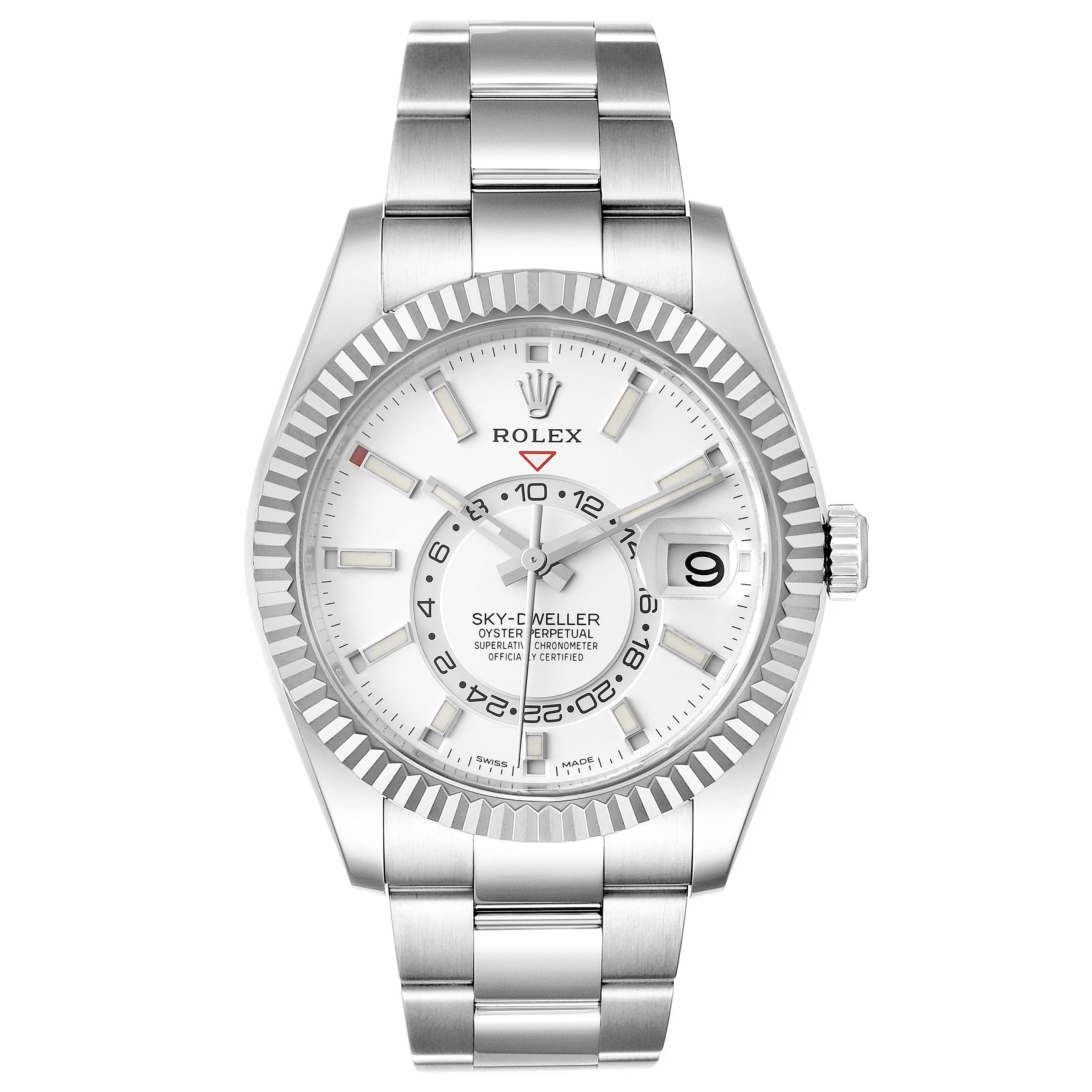 This image shows a front view of a Rolex Sky-Dweller 326934 Men's Stainless Steel White Dial 326934 Men's Stainless Steel White Dial watch, displaying the dial, bracelet, and bezel.
