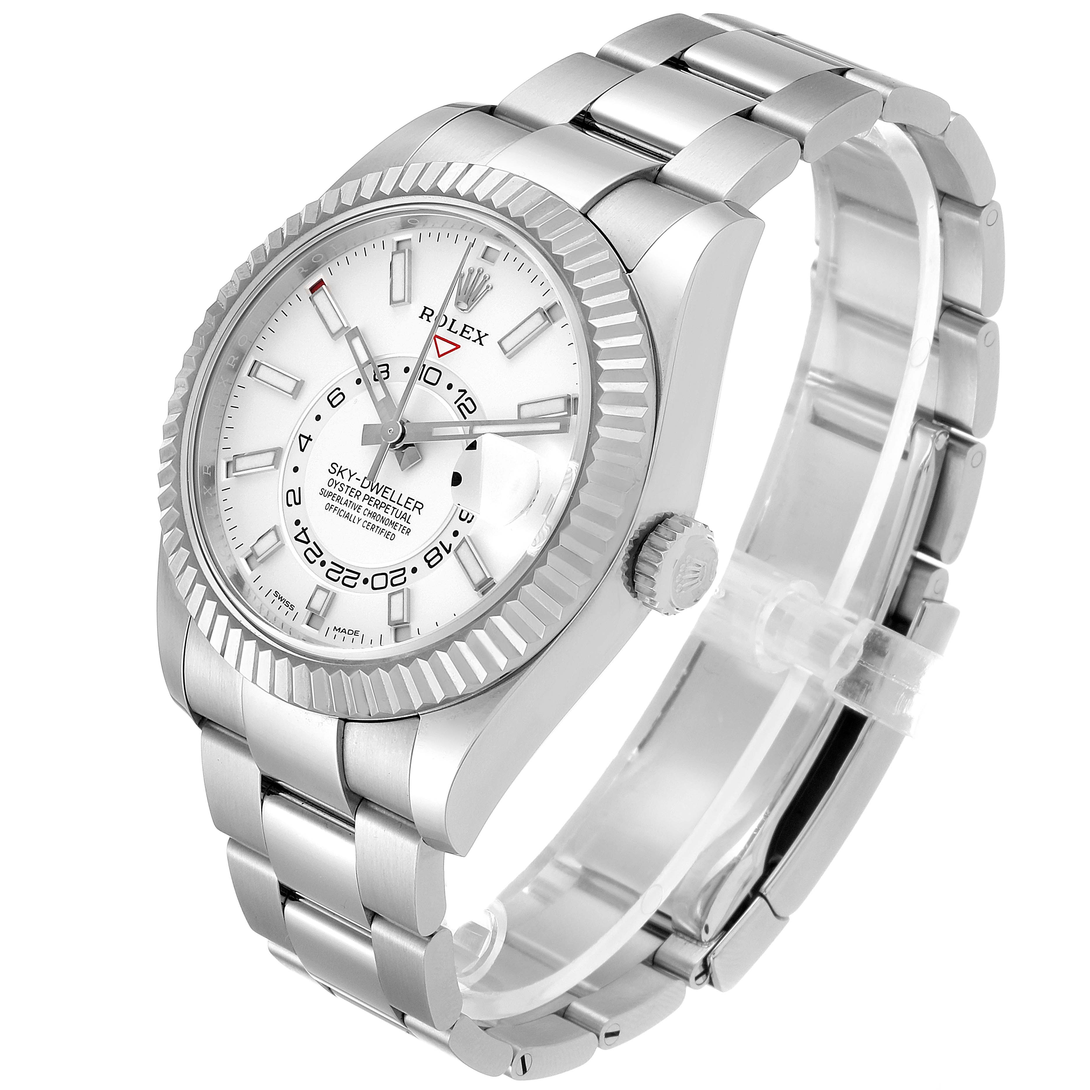 The image shows a Rolex Sky-Dweller 326934 Men's Stainless Steel White Dial 326934 Men's Stainless Steel White Dial watch from a side angle, highlighting the bracelet, case, dial, fluted bezel, and crown.