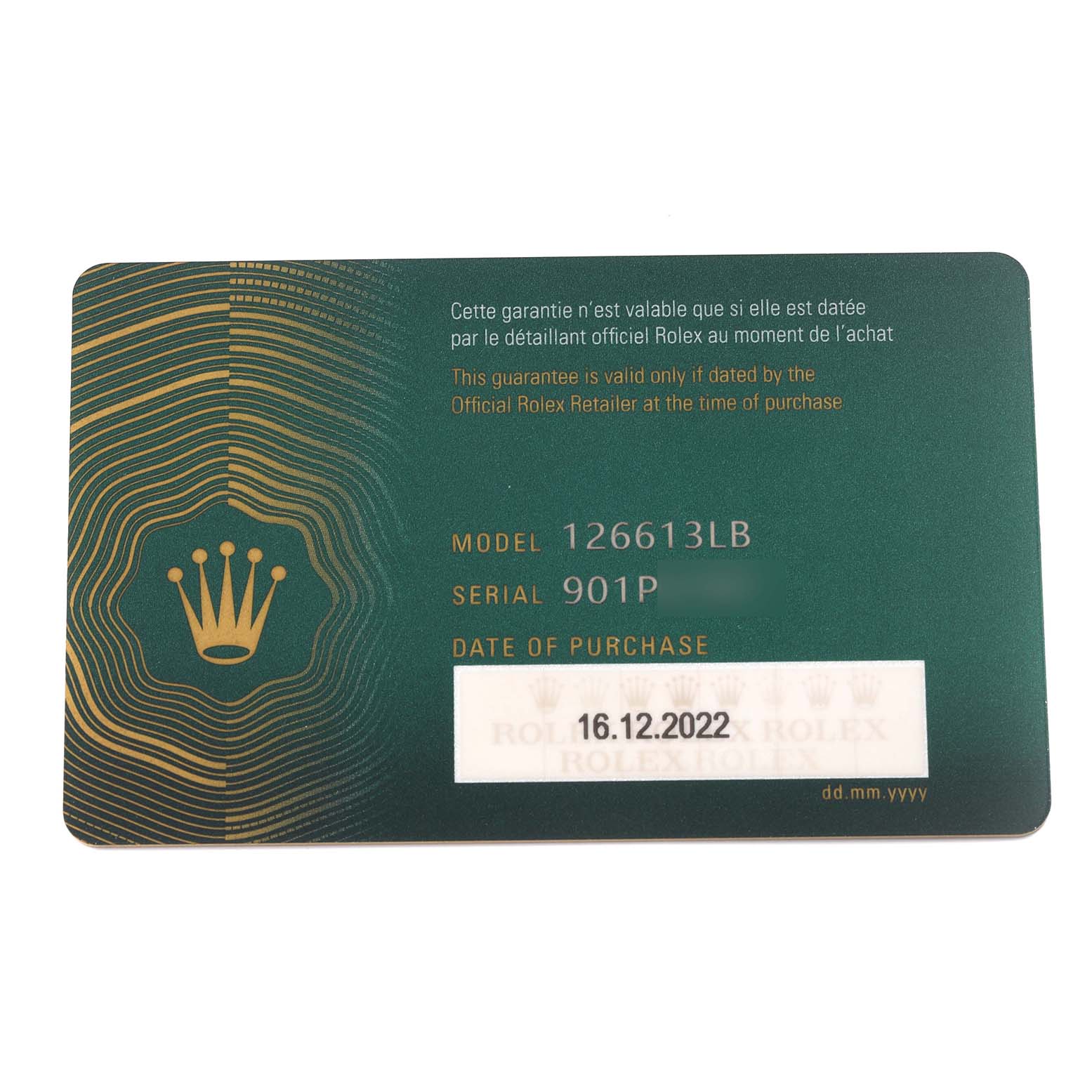 The image shows a Rolex Submariner 126613LB Men's Steel and Gold (two tone) Blue Dial 126613LB Men's Steel and Gold (two tone) Blue Dial warranty card, displaying model 126613LB and serial number details.