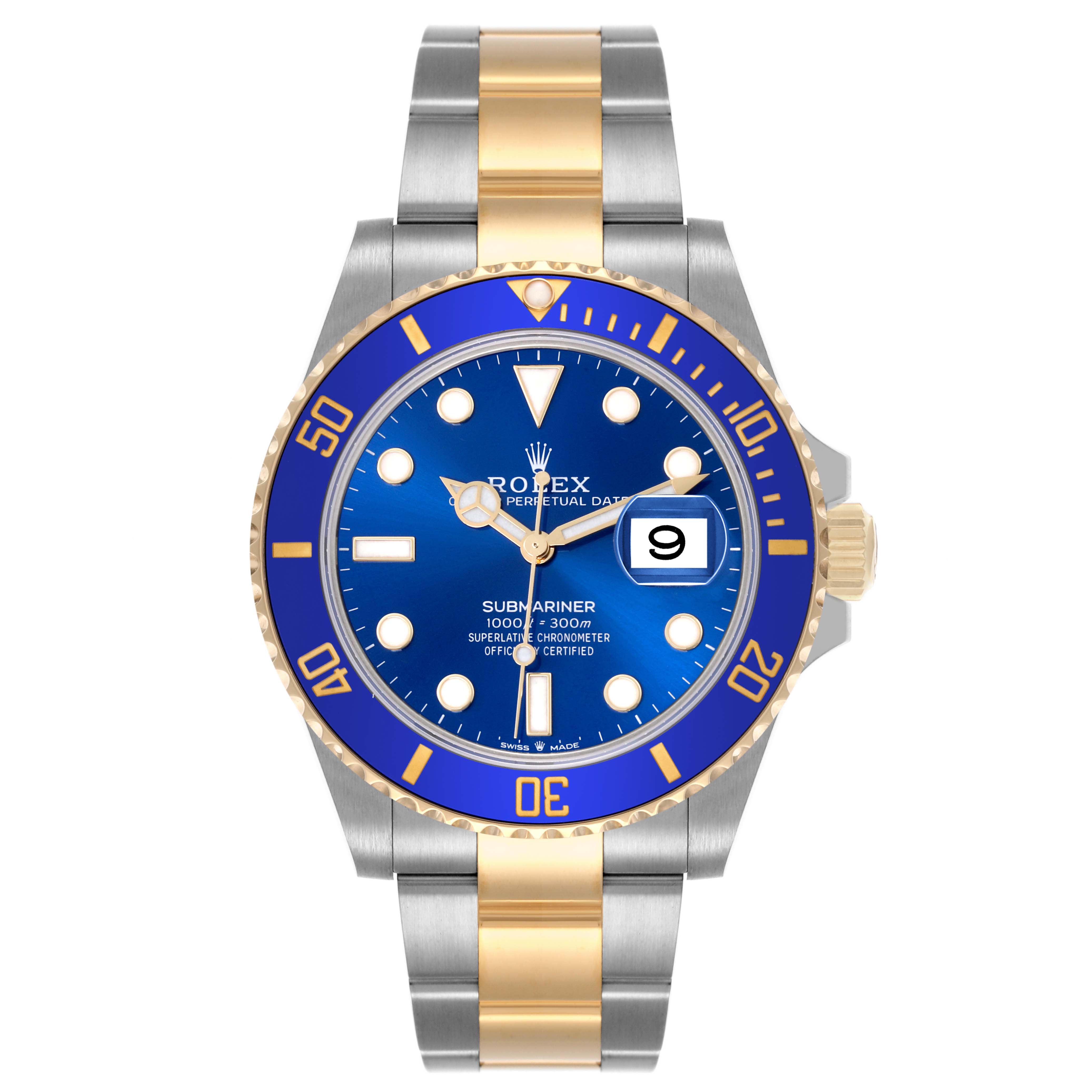 The Rolex Submariner 126613LB Men's Steel and Gold (two tone) Blue Dial 126613LB Men's Steel and Gold (two tone) Blue Dial watch is shown from a front angle, displaying its blue dial and two-tone metal bracelet.