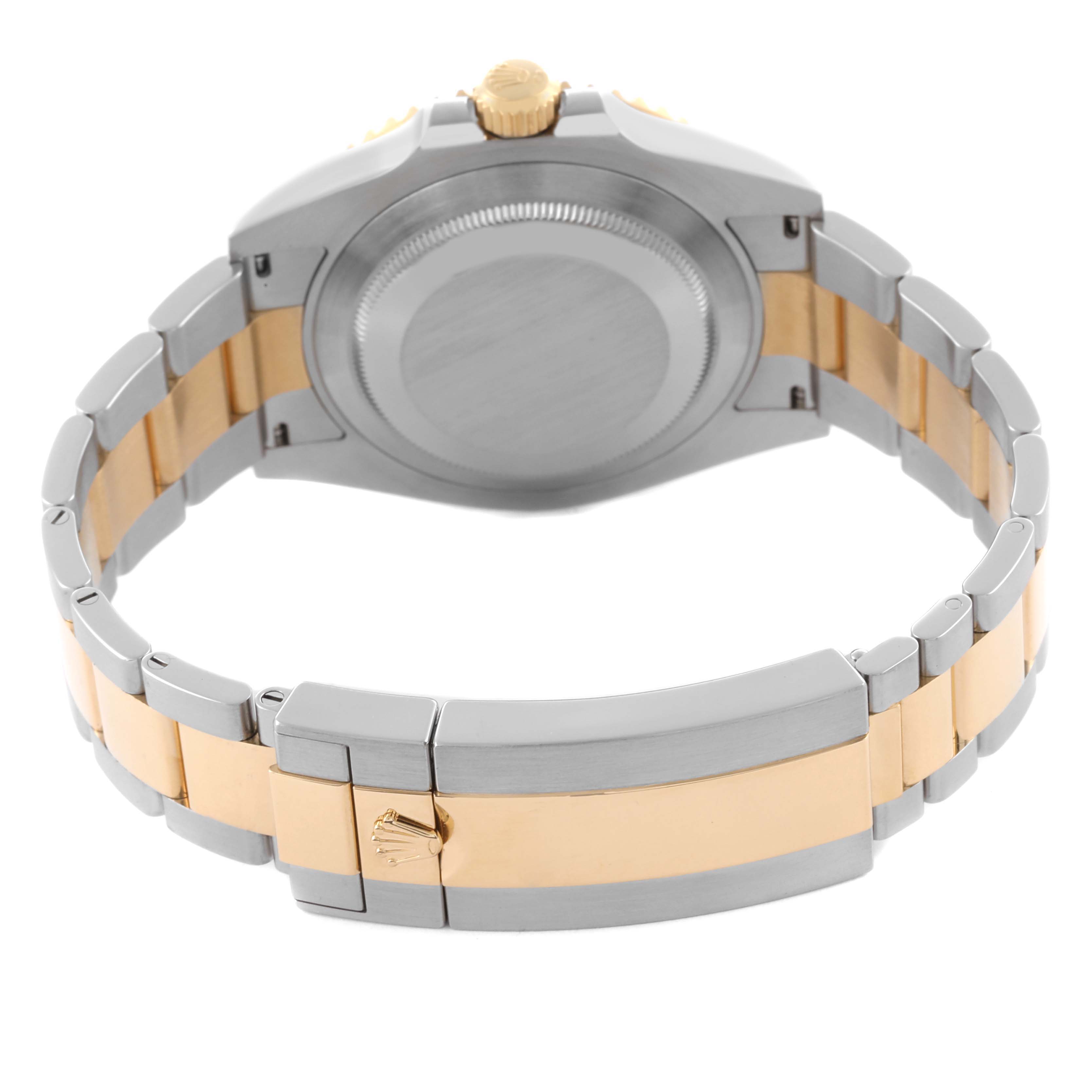 The image shows the back of a Rolex Submariner 126613LB Men's Steel and Gold (two tone) Blue Dial 126613LB Men's Steel and Gold (two tone) Blue Dial, highlighting its case, bracelet, and clasp from the reverse angle.