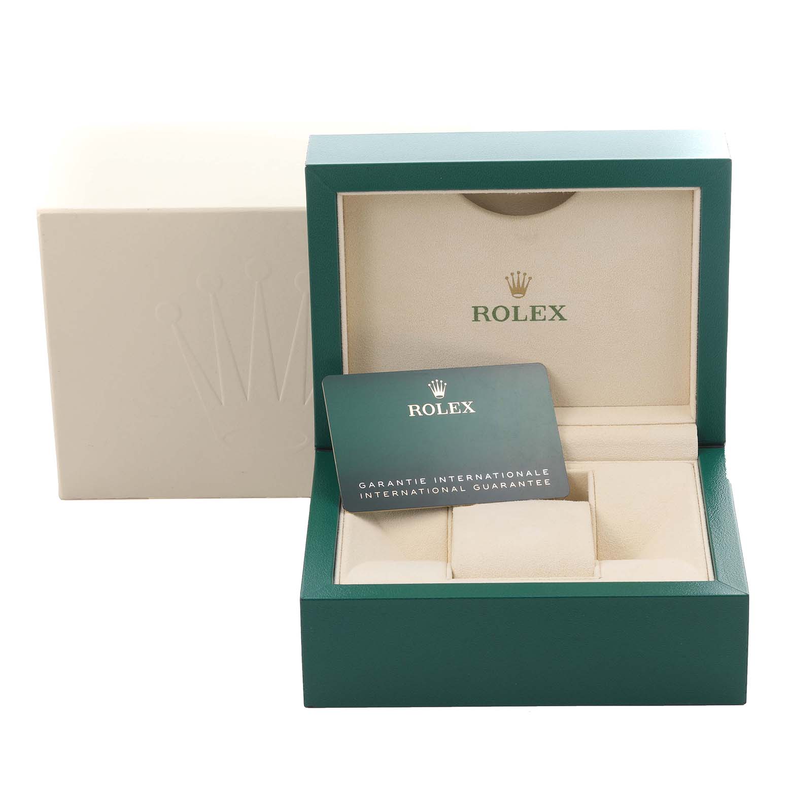 This image shows a Rolex Submariner 126613LB Men's Steel and Gold (two tone) Blue Dial 126613LB Men's Steel and Gold (two tone) Blue Dial watch box and an international guarantee card from a frontal angle.