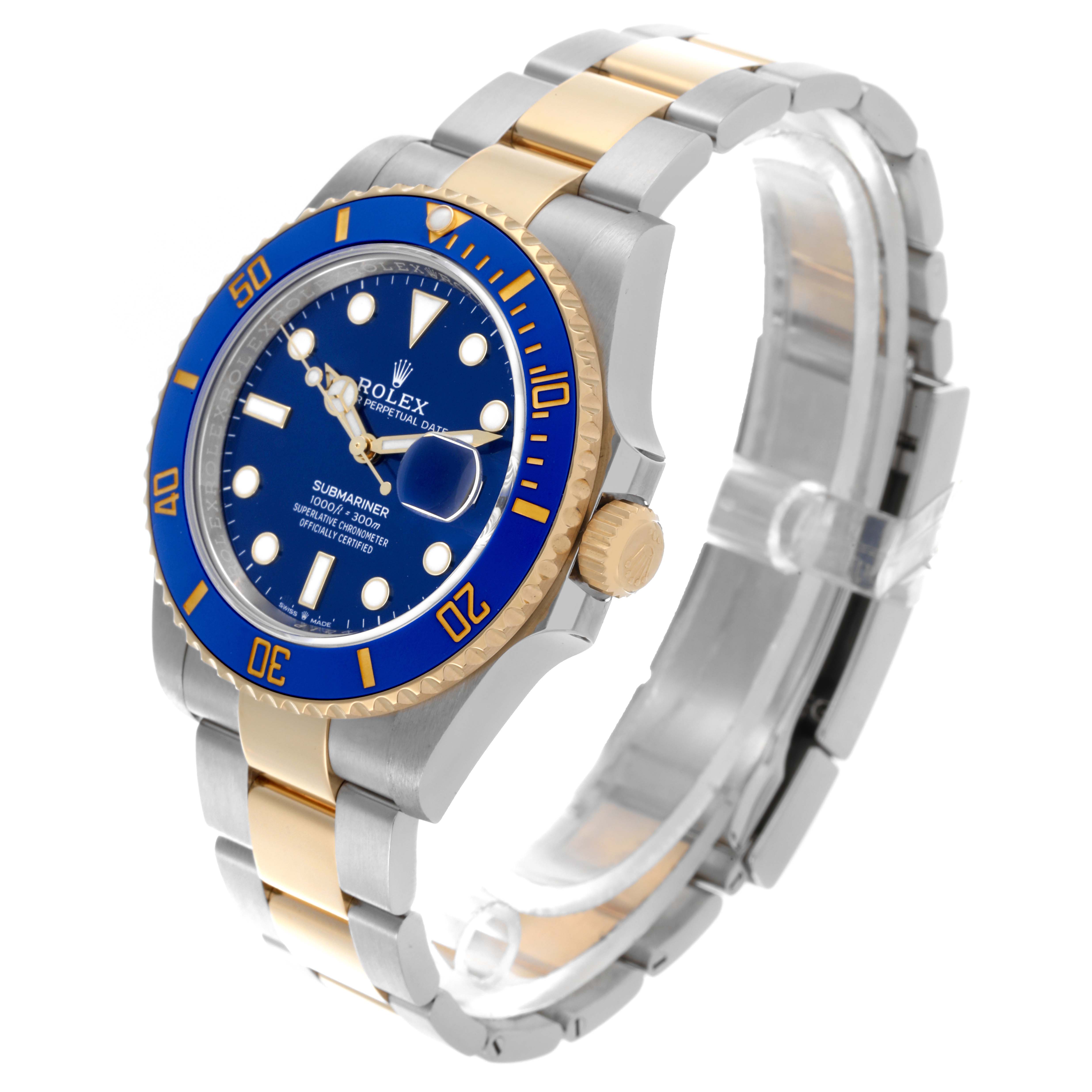 The Rolex Submariner 126613LB Men's Steel and Gold (two tone) Blue Dial 126613LB Men's Steel and Gold (two tone) Blue Dial watch is shown at a three-quarter angle, highlighting the blue dial, gold bezel, and two-tone bracelet.
