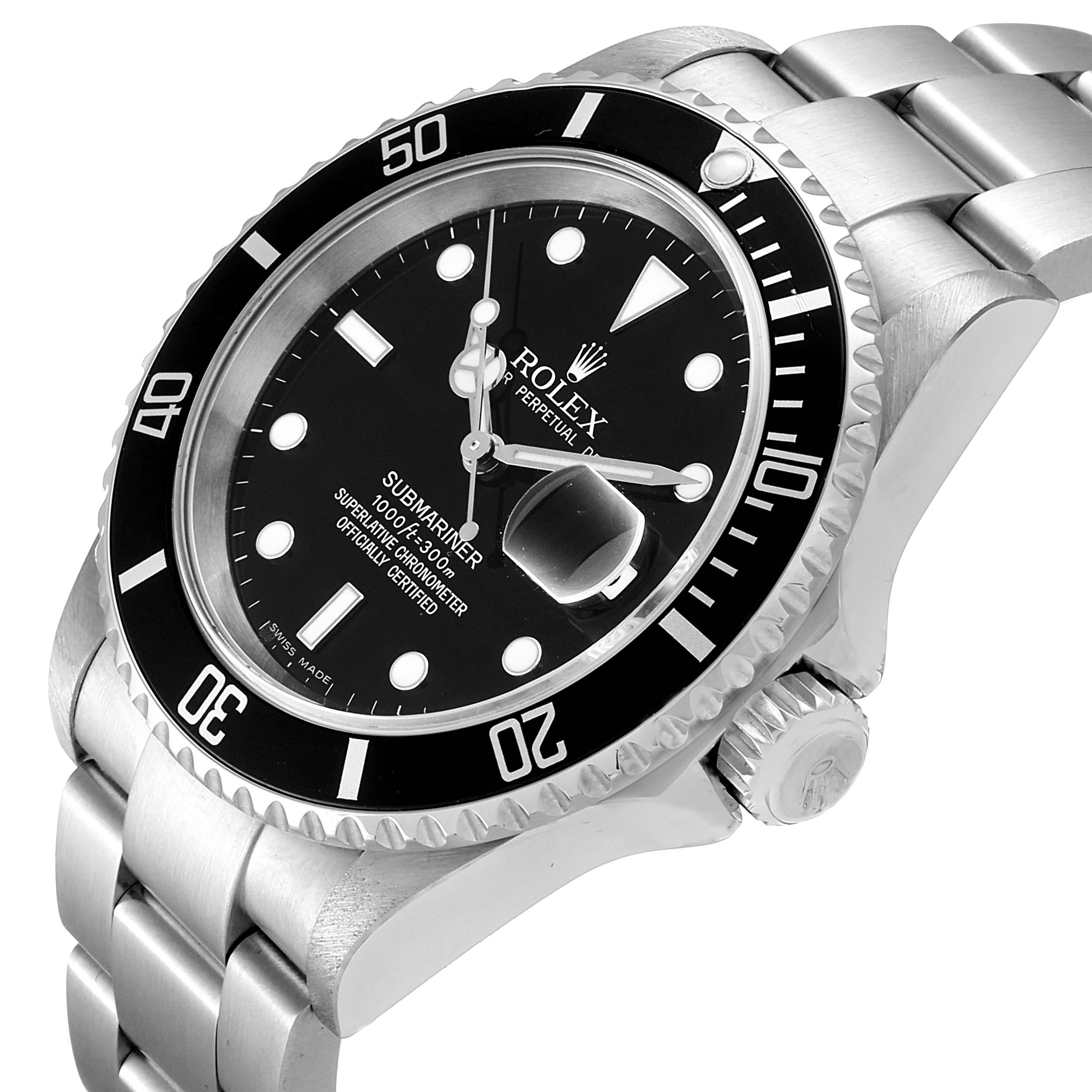 This image shows a Rolex Submariner 16610 Men's Stainless Steel Black Dial 16610 Men's Stainless Steel Black Dial watch from a three-quarter angle, highlighting the face, bezel, crown, and bracelet.