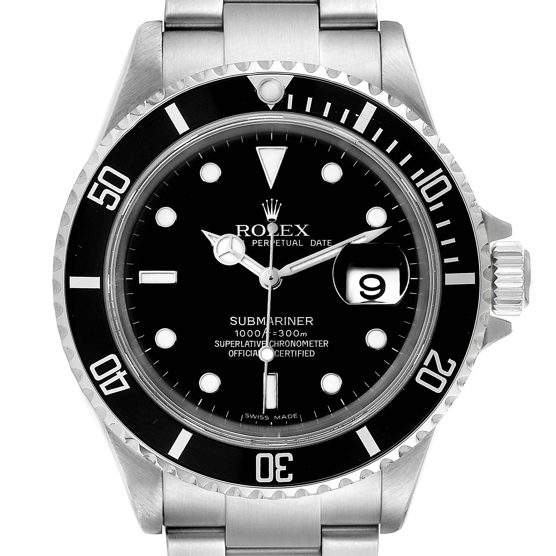 This image shows a front angle of the Rolex Submariner 16610 Men's Stainless Steel Black Dial 16610 Men's Stainless Steel Black Dial watch, highlighting the face, bezel, and part of the bracelet.