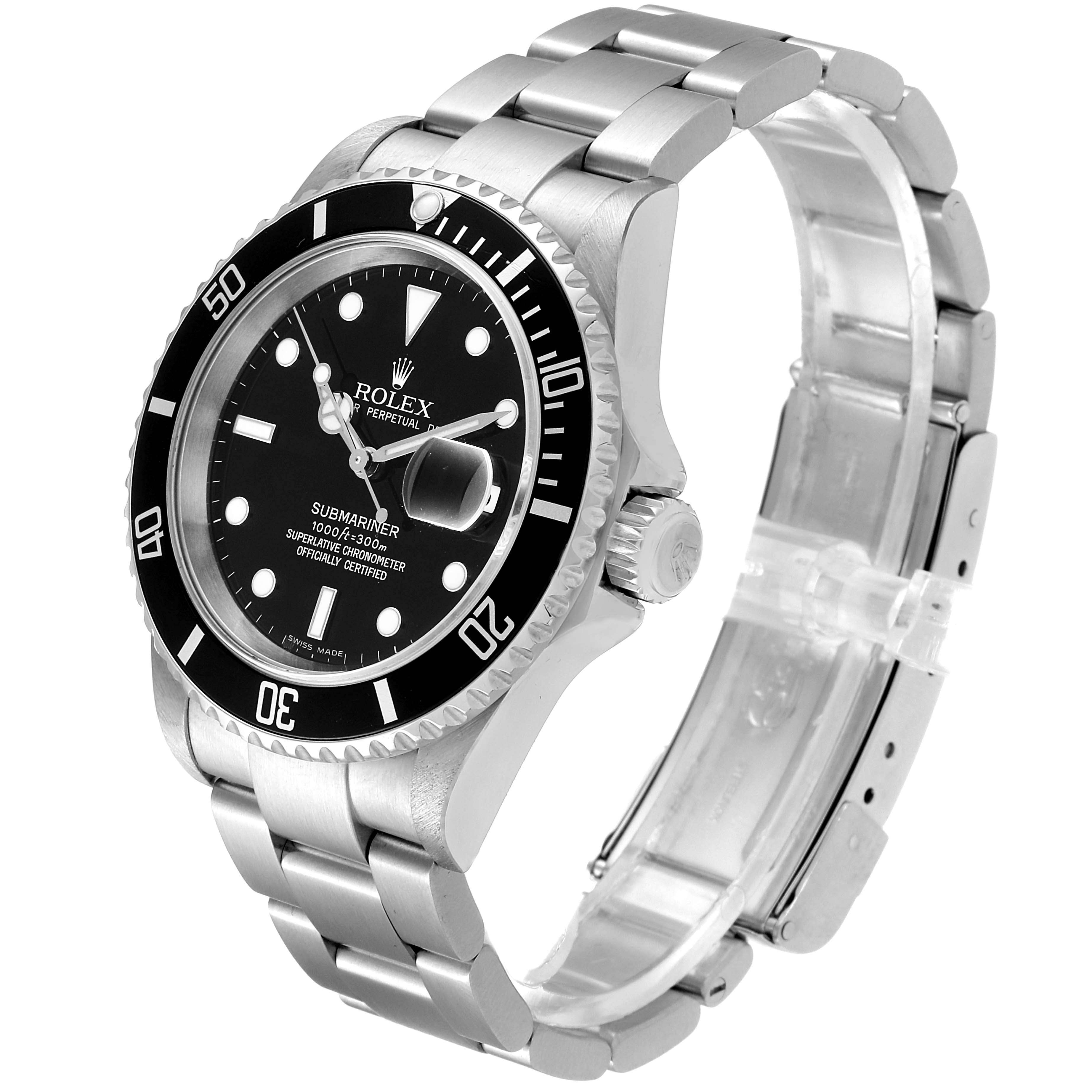 The Rolex Submariner 16610 Men's Stainless Steel Black Dial 16610 Men's Stainless Steel Black Dial watch is shown at a three-quarter angle, highlighting the black dial, bezel, and stainless steel bracelet.