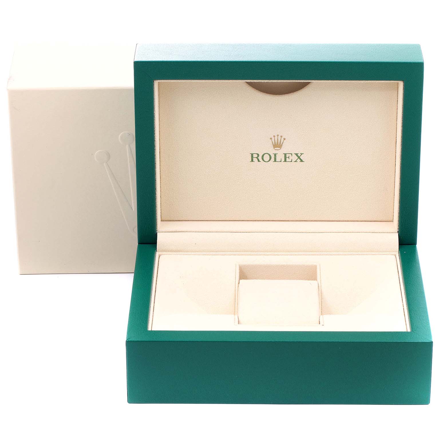 This image shows an open green and beige storage box for the Rolex Submariner 16610 Men's Stainless Steel Black Dial 16610 Men's Stainless Steel Black Dial watch.
