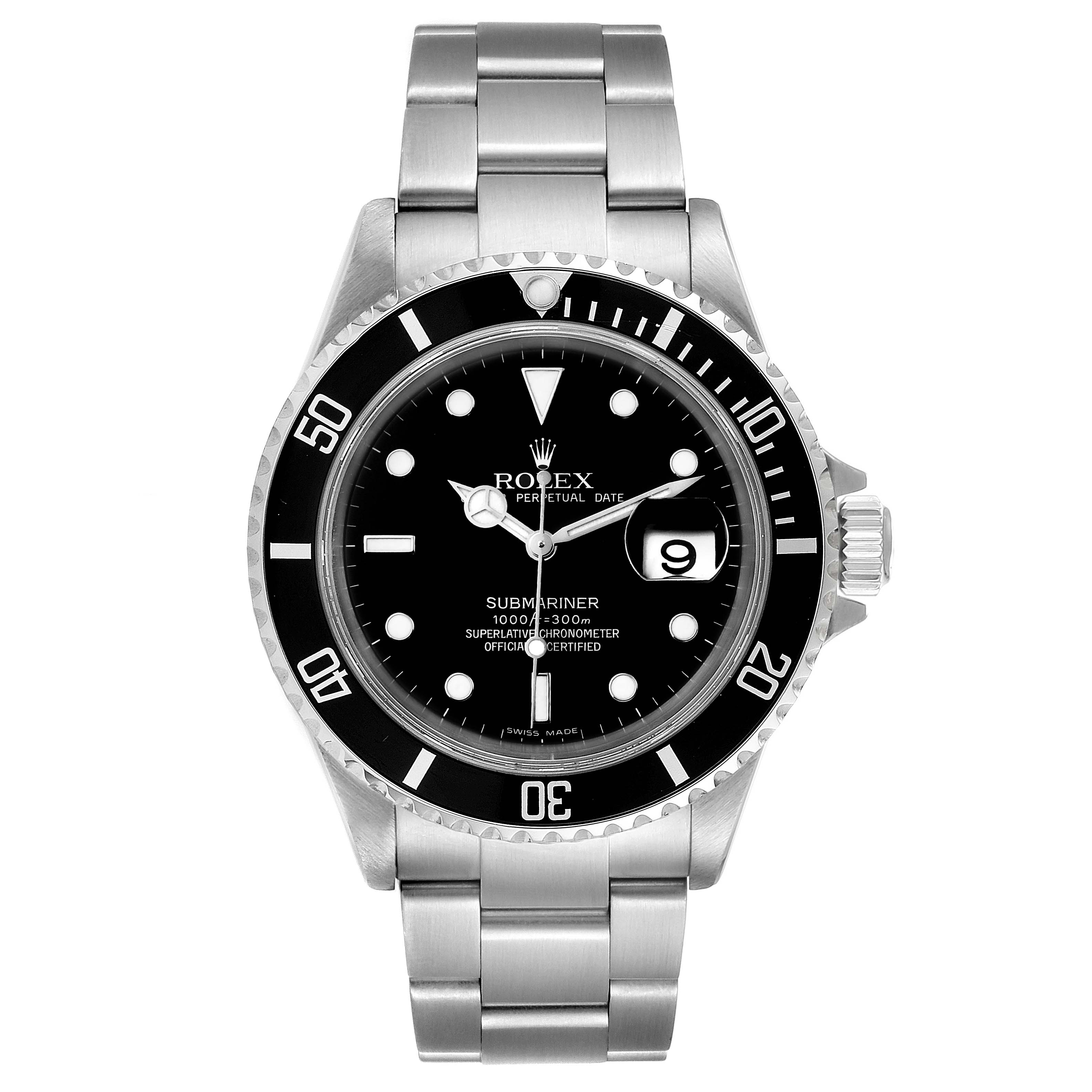 This is a front-facing view of the Rolex Submariner 16610 Men's Stainless Steel Black Dial 16610 Men's Stainless Steel Black Dial watch showing the dial, bezel, crown, and bracelet.