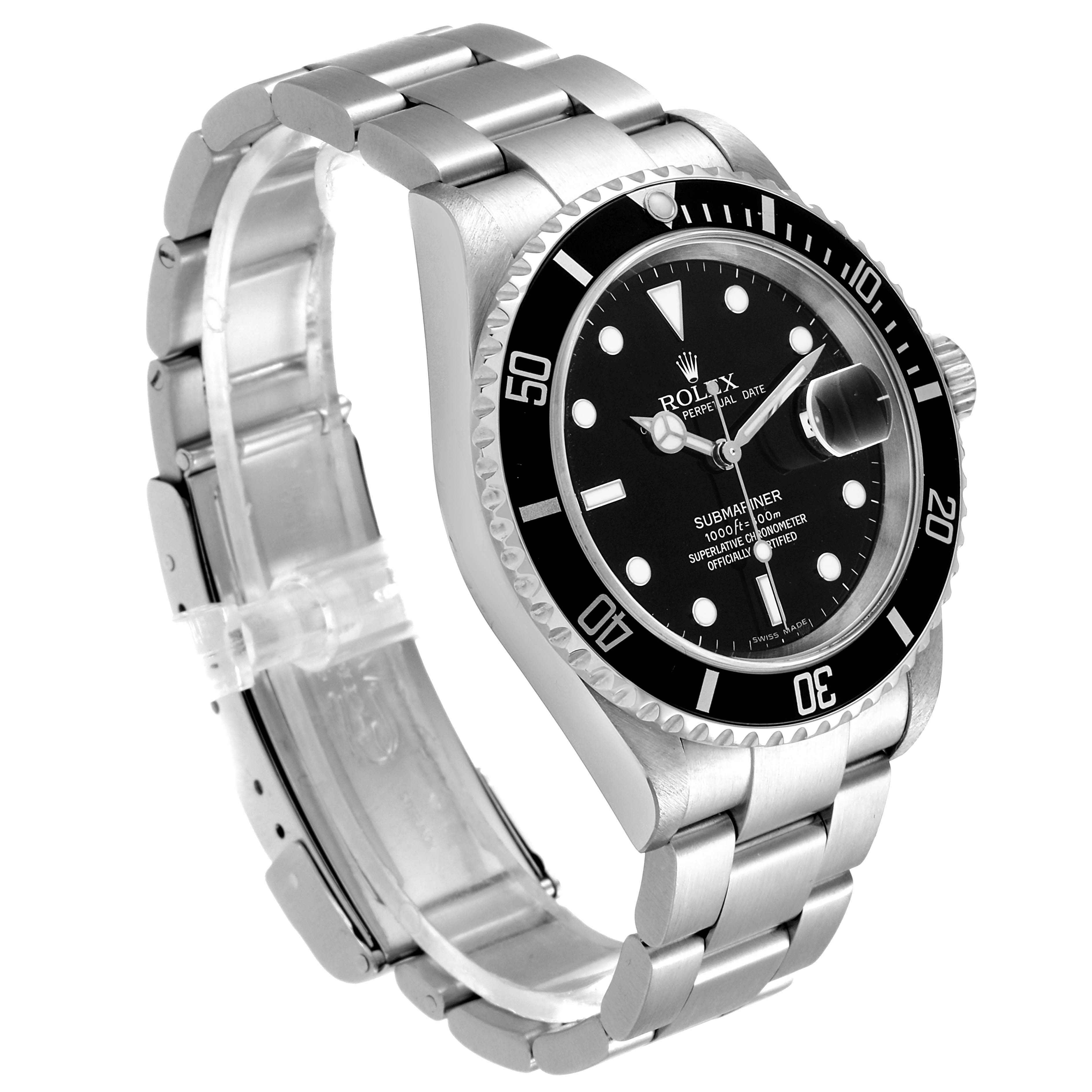 The Rolex Submariner 16610 Men's Stainless Steel Black Dial 16610 Men's Stainless Steel Black Dial watch is shown at a slight angle, highlighting the dial, bezel, bracelet, and crown.