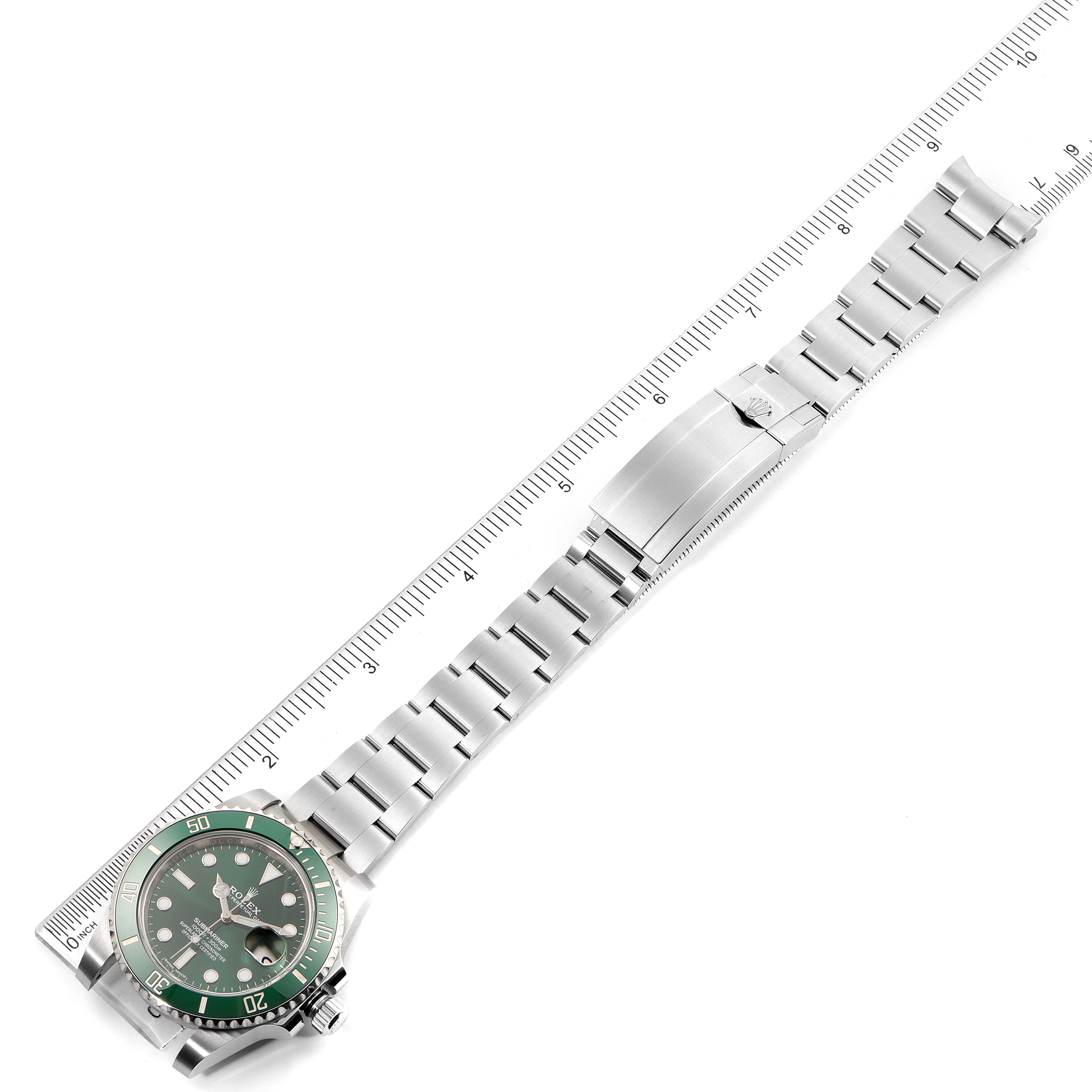 The Rolex Submariner 116610LV Men
s Stainless Steel Green Dial 116610LV Men
s Stainless Steel Green Dial watch is shown from an overhead angle, displaying the green dial, bezel, and full bracelet with clasp.