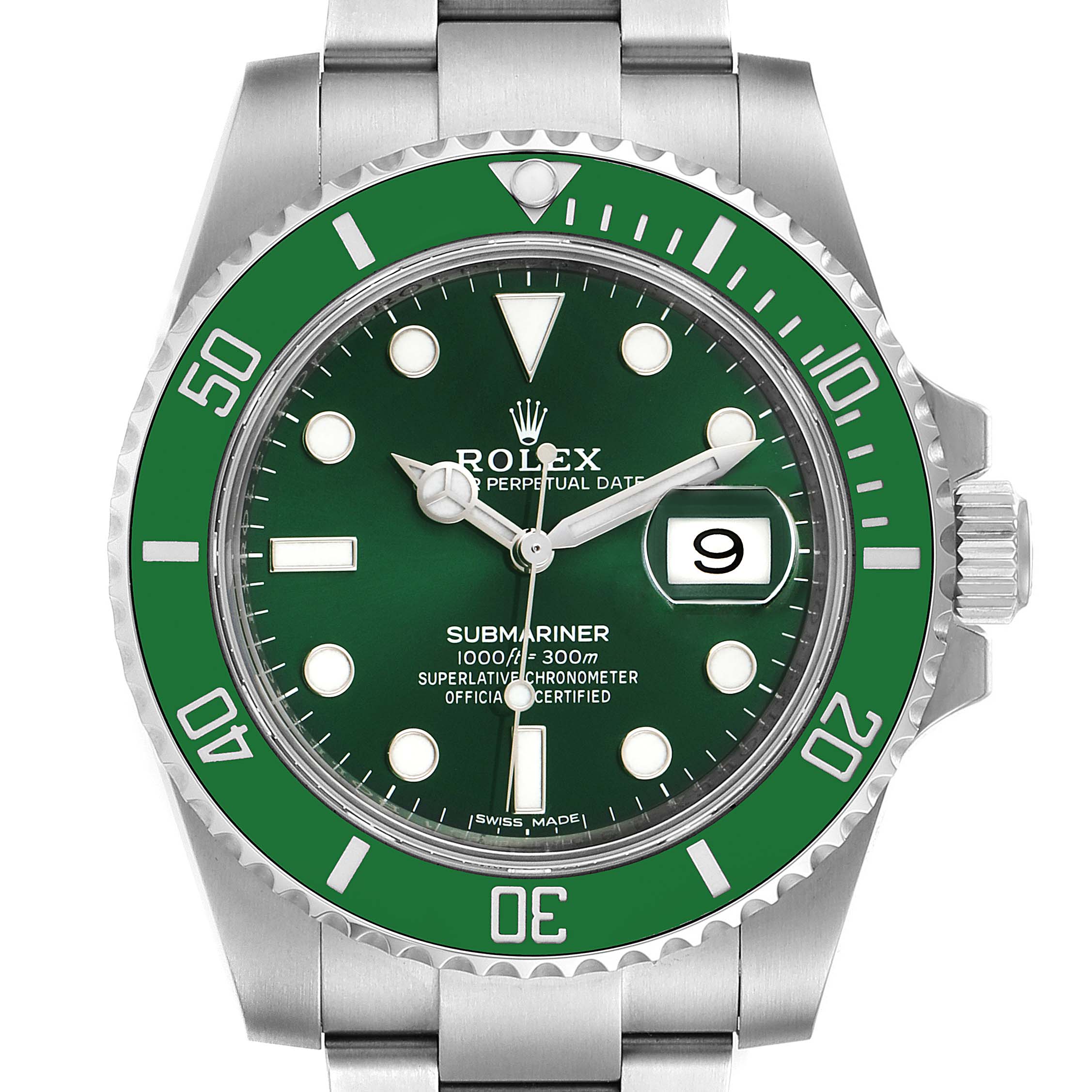 The image shows a front view of a Rolex Submariner 116610LV Men
s Stainless Steel Green Dial 116610LV Men
s Stainless Steel Green Dial watch with a green bezel and dial, including the bracelet and date window.