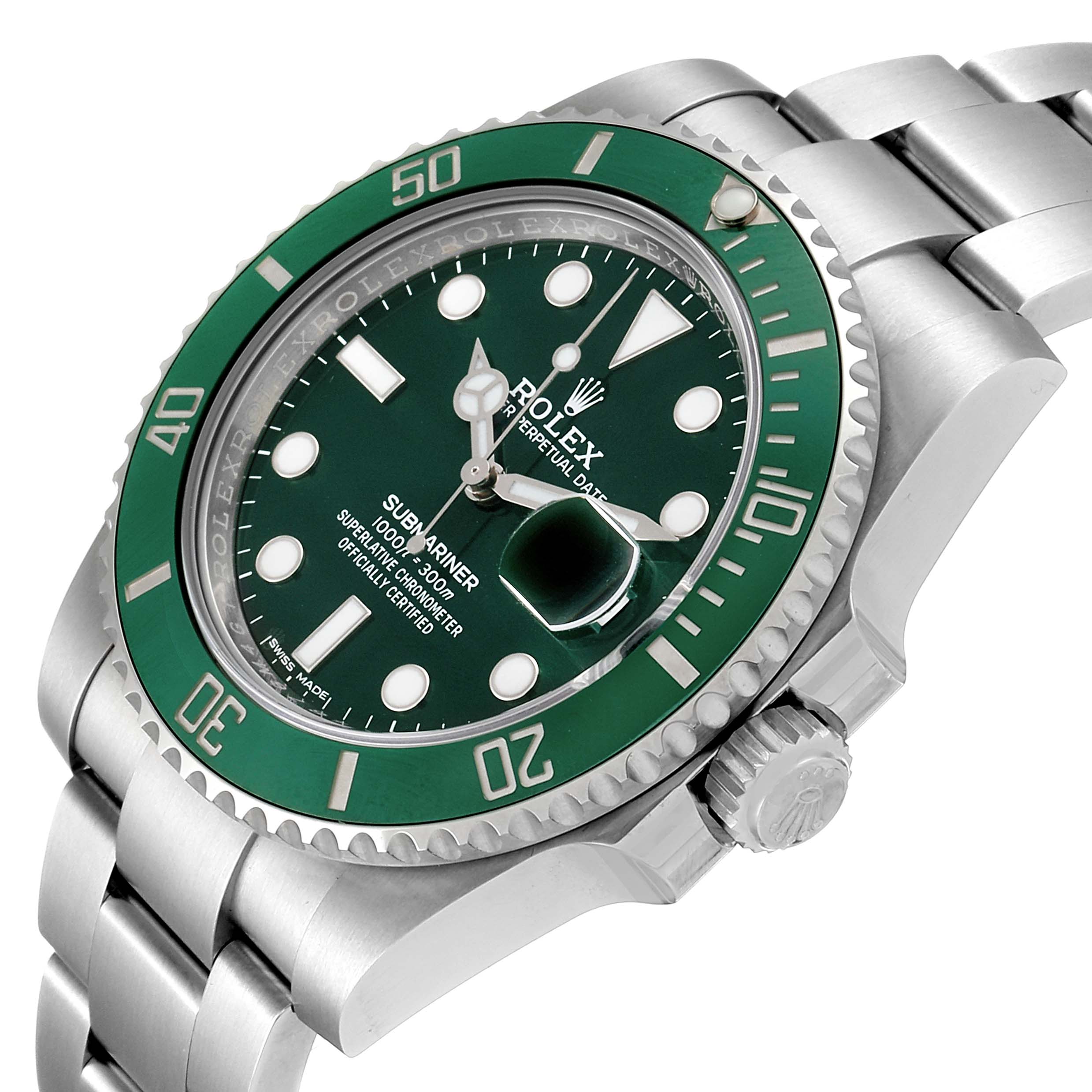 This image shows a Rolex Submariner 116610LV Men
s Stainless Steel Green Dial 116610LV Men
s Stainless Steel Green Dial watch with a green bezel and dial, angled to display the face, bracelet, and crown.