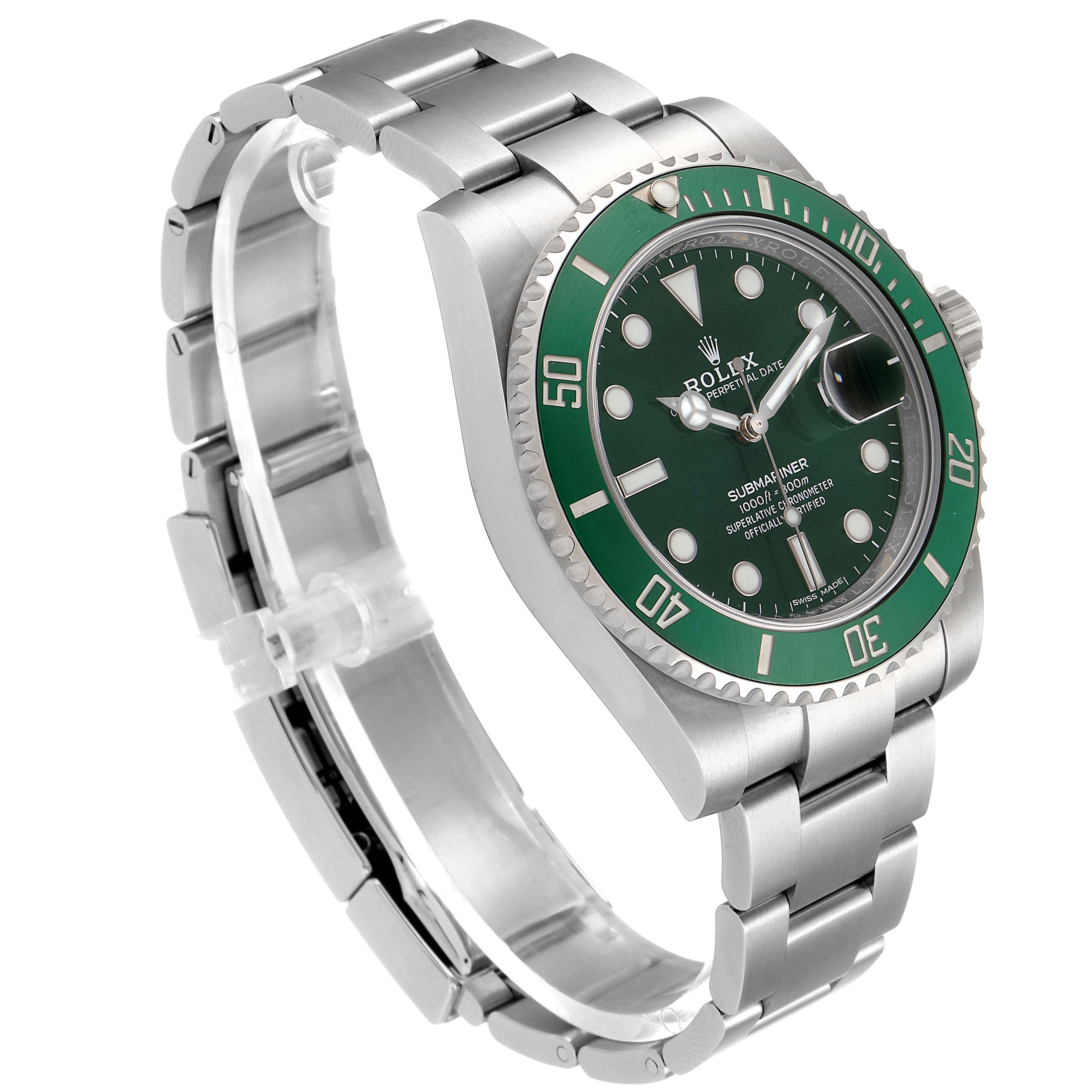 The Rolex Submariner 116610LV Men
s Stainless Steel Green Dial 116610LV Men
s Stainless Steel Green Dial watch is shown at an angle displaying the green bezel, dial, bracelet, and crown.