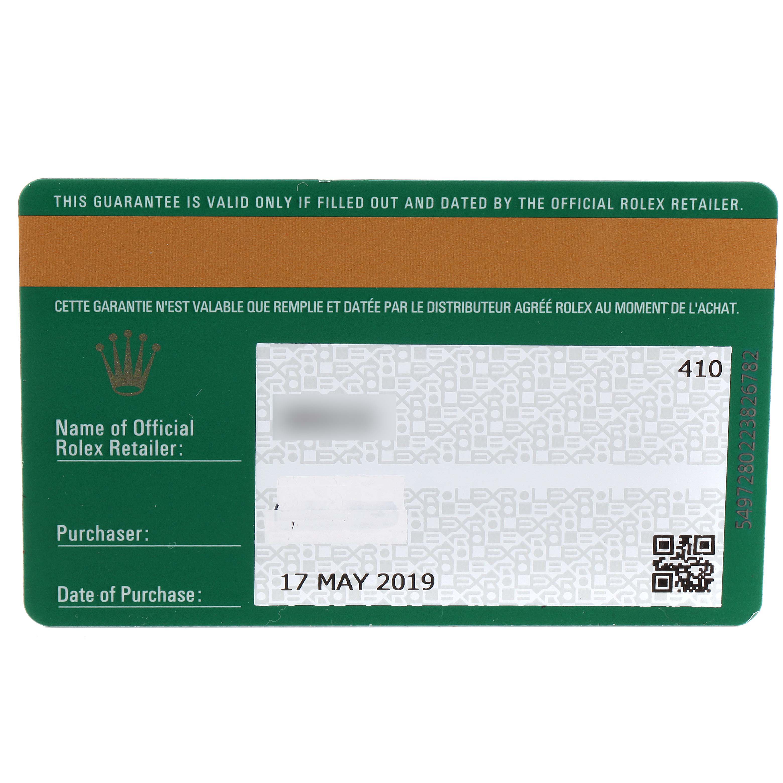 This image shows a warranty card for a Rolex Submariner 116610LV Men
s Stainless Steel Green Dial 116610LV Men
s Stainless Steel Green Dial watch, detailing the retailer
s name, purchaser, and purchase date.