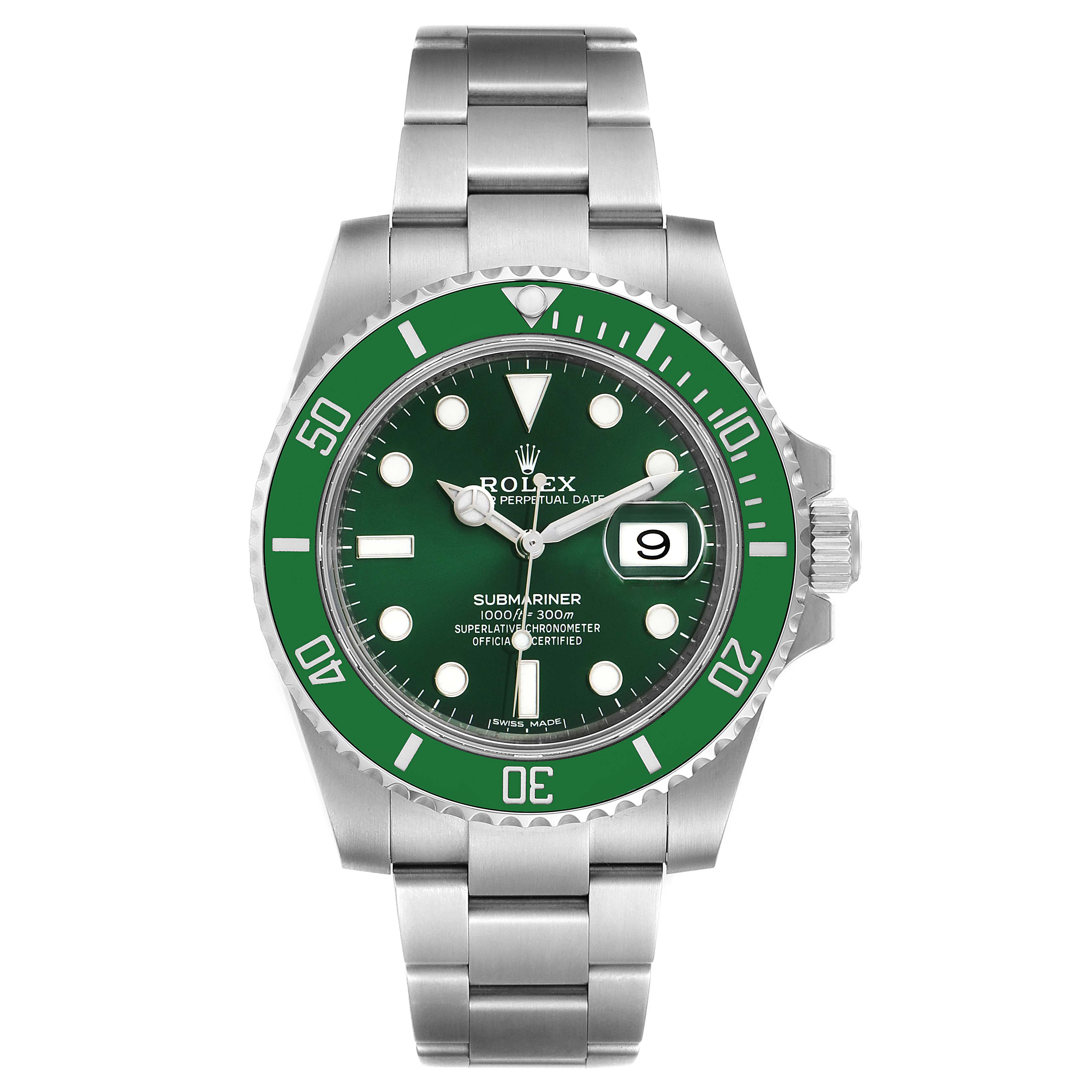 The image shows a front view of a Rolex Submariner 116610LV Men
s Stainless Steel Green Dial 116610LV Men
s Stainless Steel Green Dial watch, featuring a green dial and bezel with a metal bracelet.