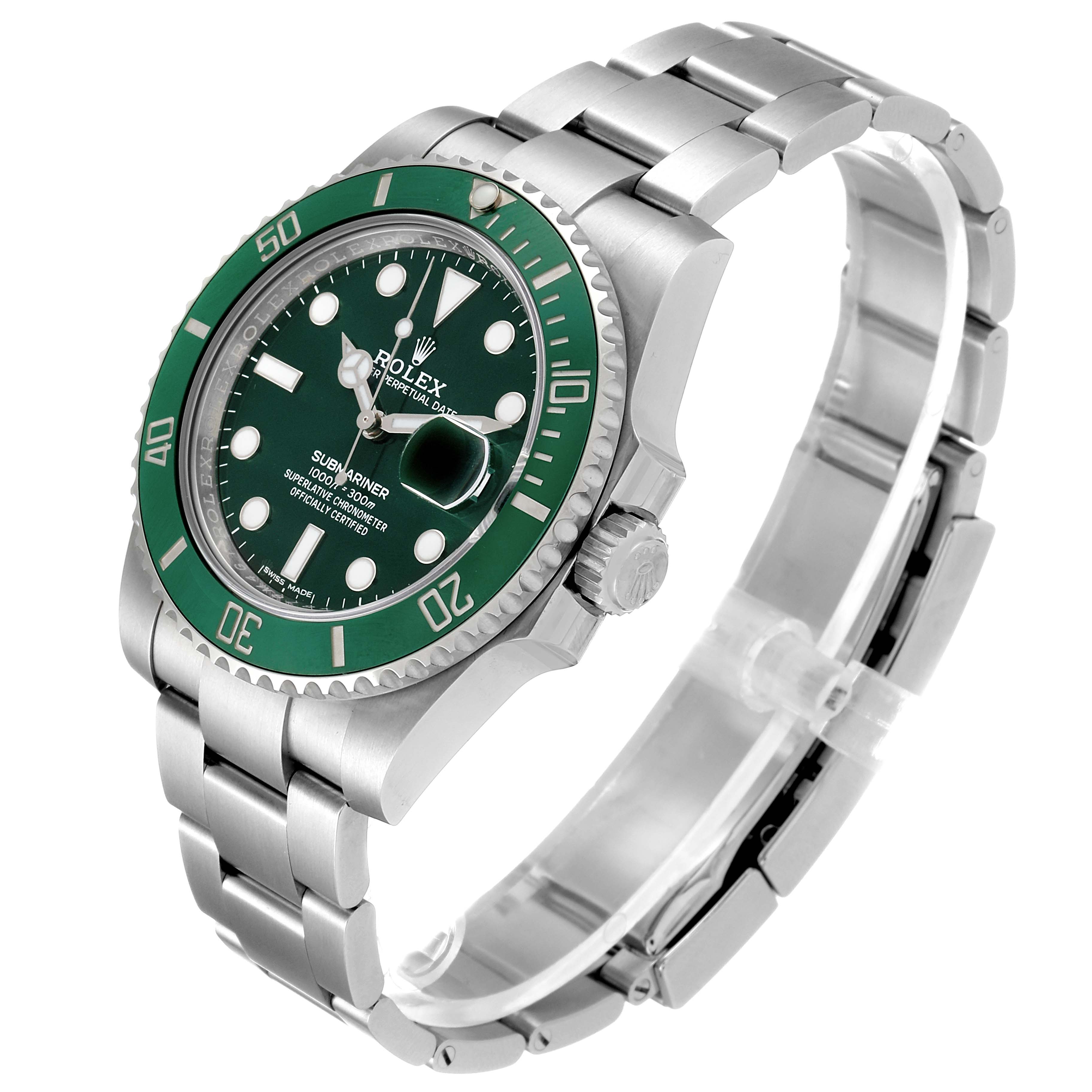 This image shows a Rolex Submariner 116610LV Men
s Stainless Steel Green Dial 116610LV Men
s Stainless Steel Green Dial watch at a slight angle, displaying the face, bezel, crown, and bracelet.