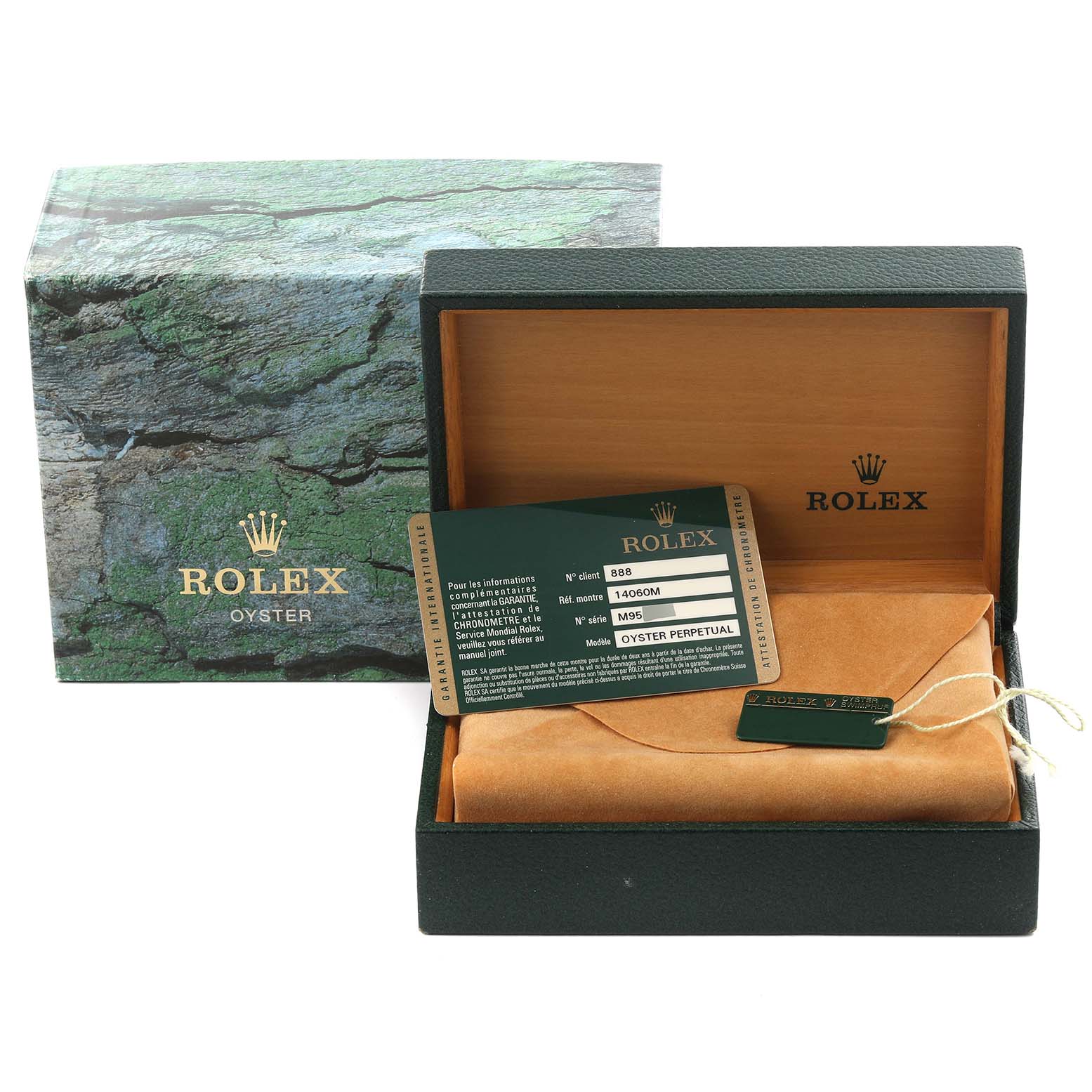 The image shows a Rolex Submariner 14060M Men
s Stainless Steel Black Dial 14060M Men
s Stainless Steel Black Dial box, warranty card, and pouch from a frontal angle.