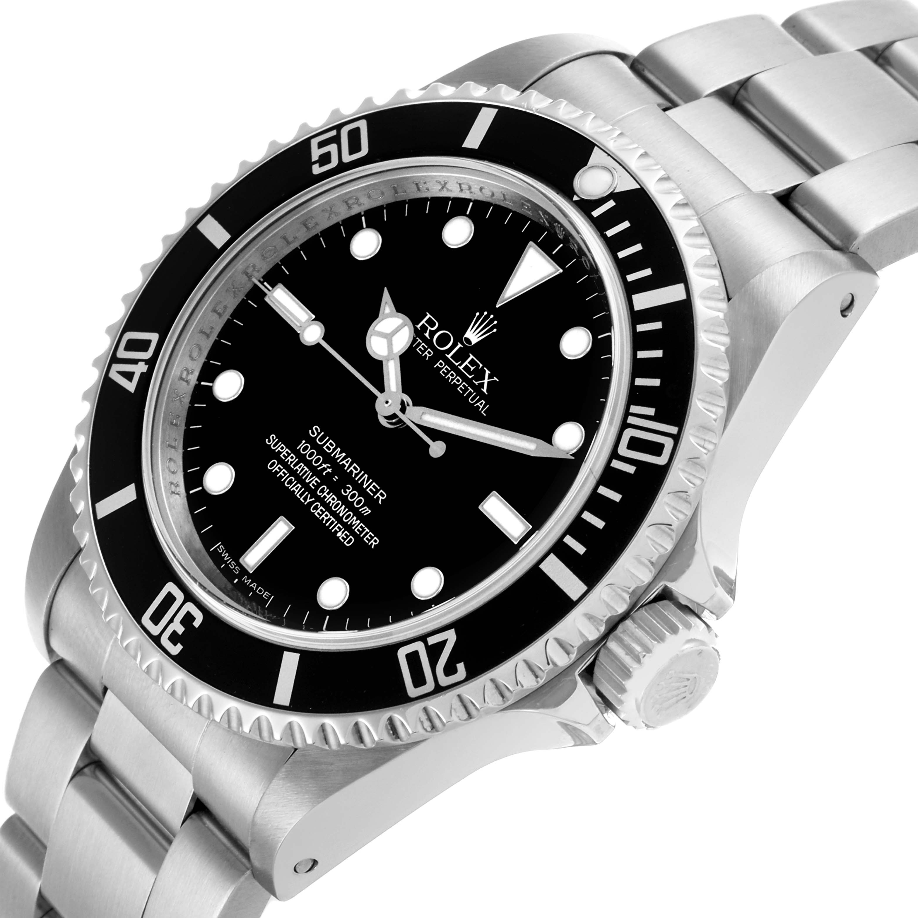 The Rolex Submariner 14060M Men
s Stainless Steel Black Dial 14060M Men
s Stainless Steel Black Dial watch is shown at an angle focusing on its bezel, dial, and part of the bracelet.