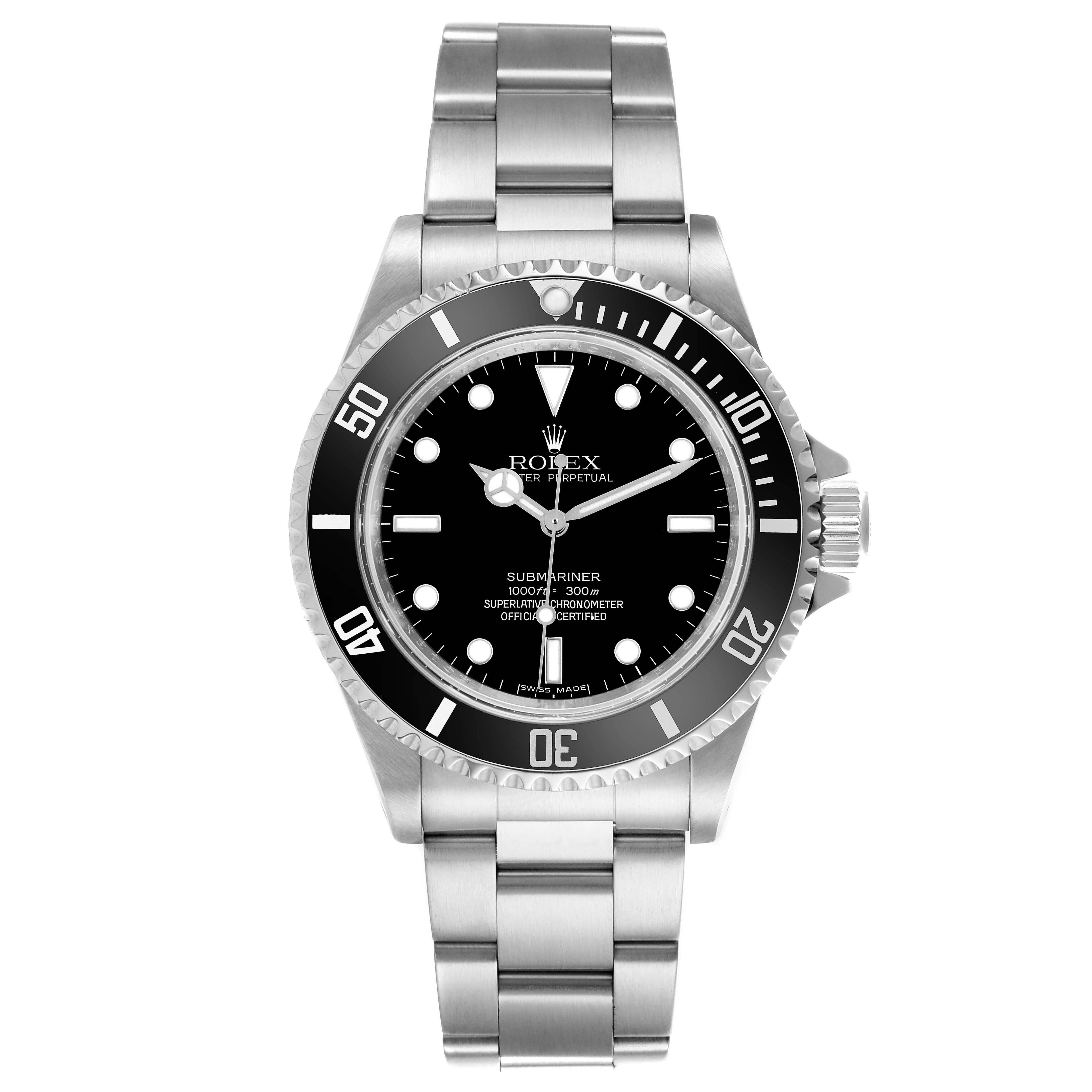 The image shows a front view of the Rolex Submariner 14060M Men
s Stainless Steel Black Dial 14060M Men
s Stainless Steel Black Dial watch, displaying the dial, bezel, and bracelet.