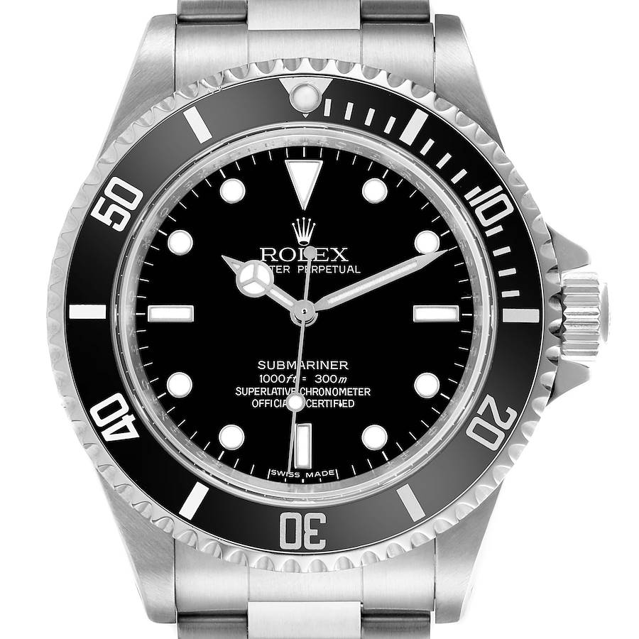 The Rolex Submariner watch is shown from a front angle, displaying the dial, bezel, and part of the bracelet.
