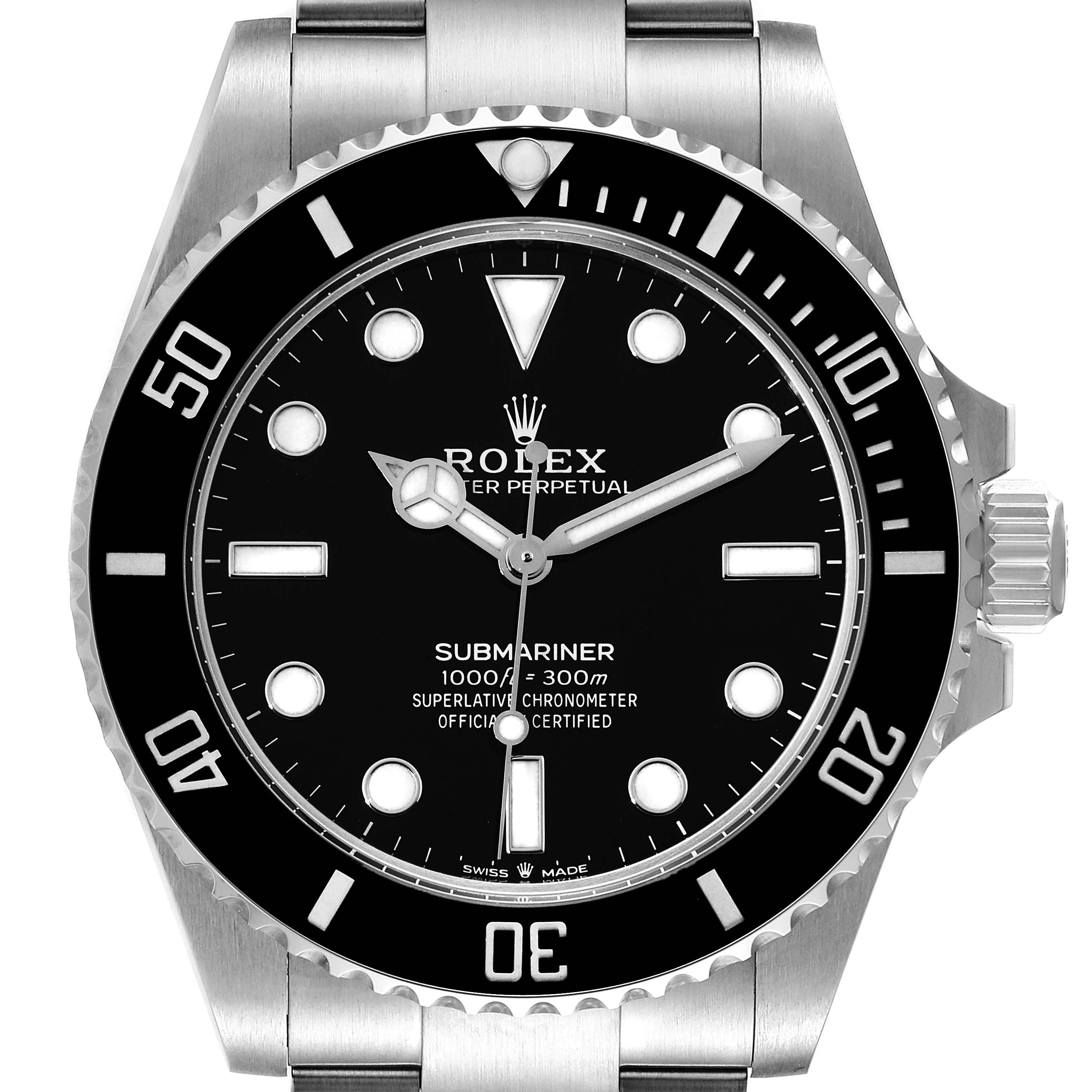 This image shows a front view of a Rolex Submariner 124060 Men
s Stainless Steel Black Dial 124060 Men
s Stainless Steel Black Dial watch, displaying the dial, bezel, crown, and part of the bracelet.