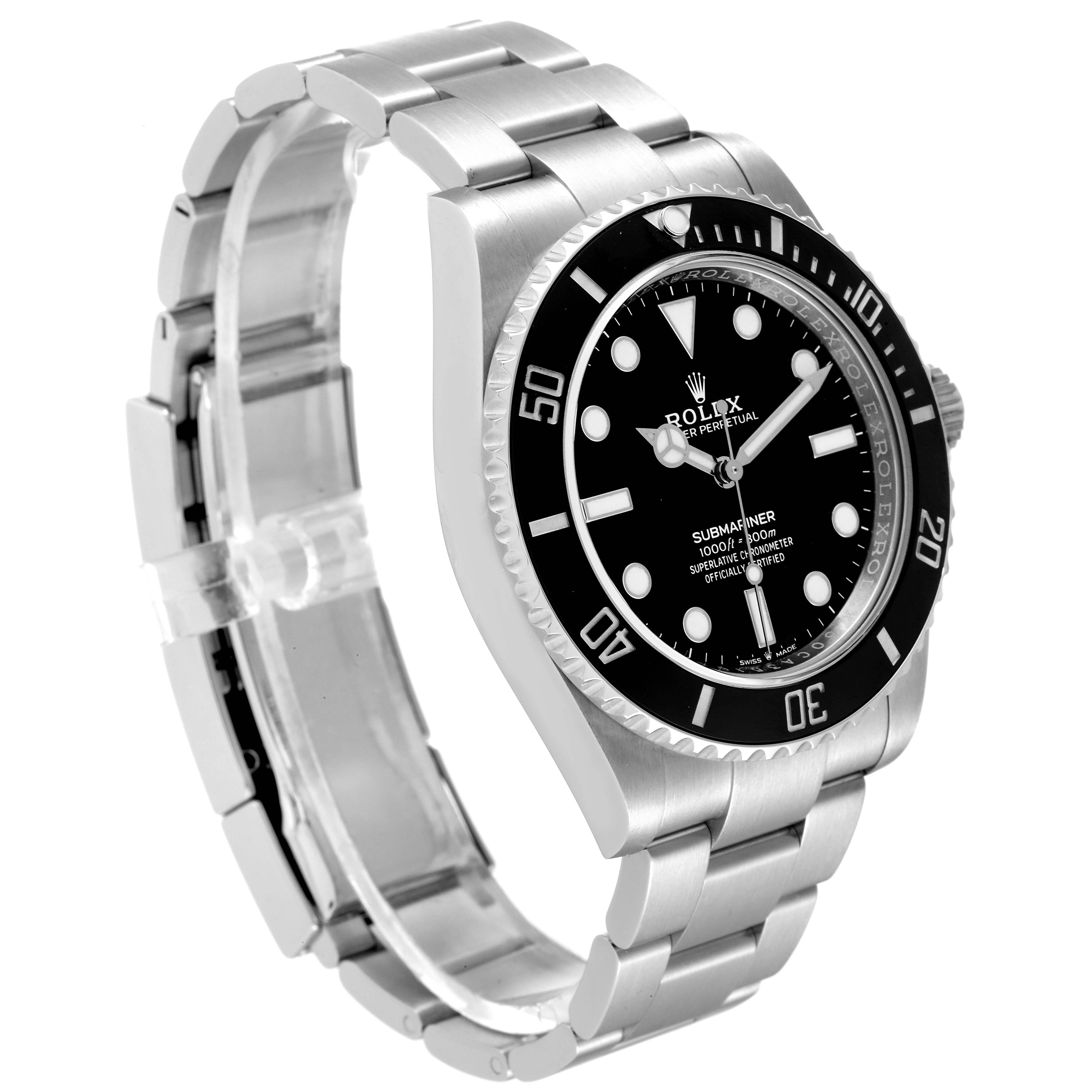 The image shows a side and angled view of a Rolex Submariner 124060 Men
s Stainless Steel Black Dial 124060 Men
s Stainless Steel Black Dial watch, highlighting the face, bezel, and bracelet.